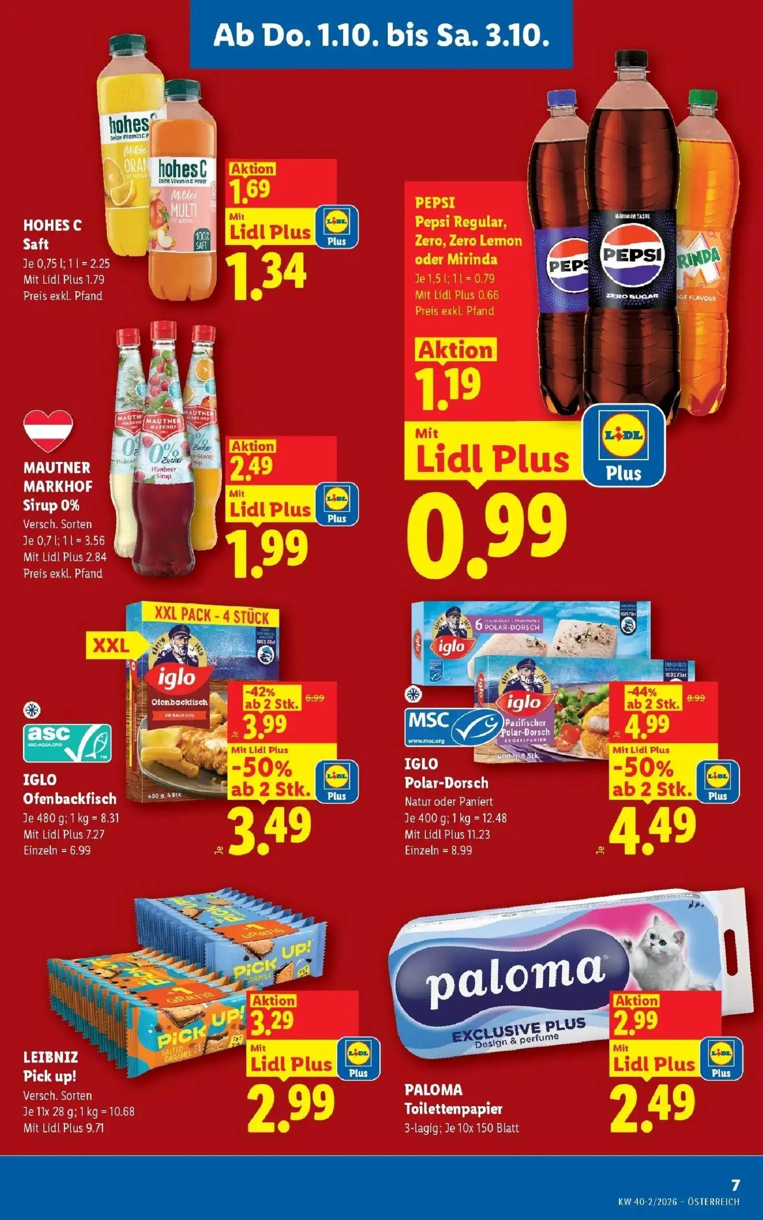 Lidl Prospekt, Seite 9 von 53 — IGLO Polar-Dorsch Natur oder Paniert, IGLO Ofenbackfisch, MAUTNER MARKHOF Sirup 0%