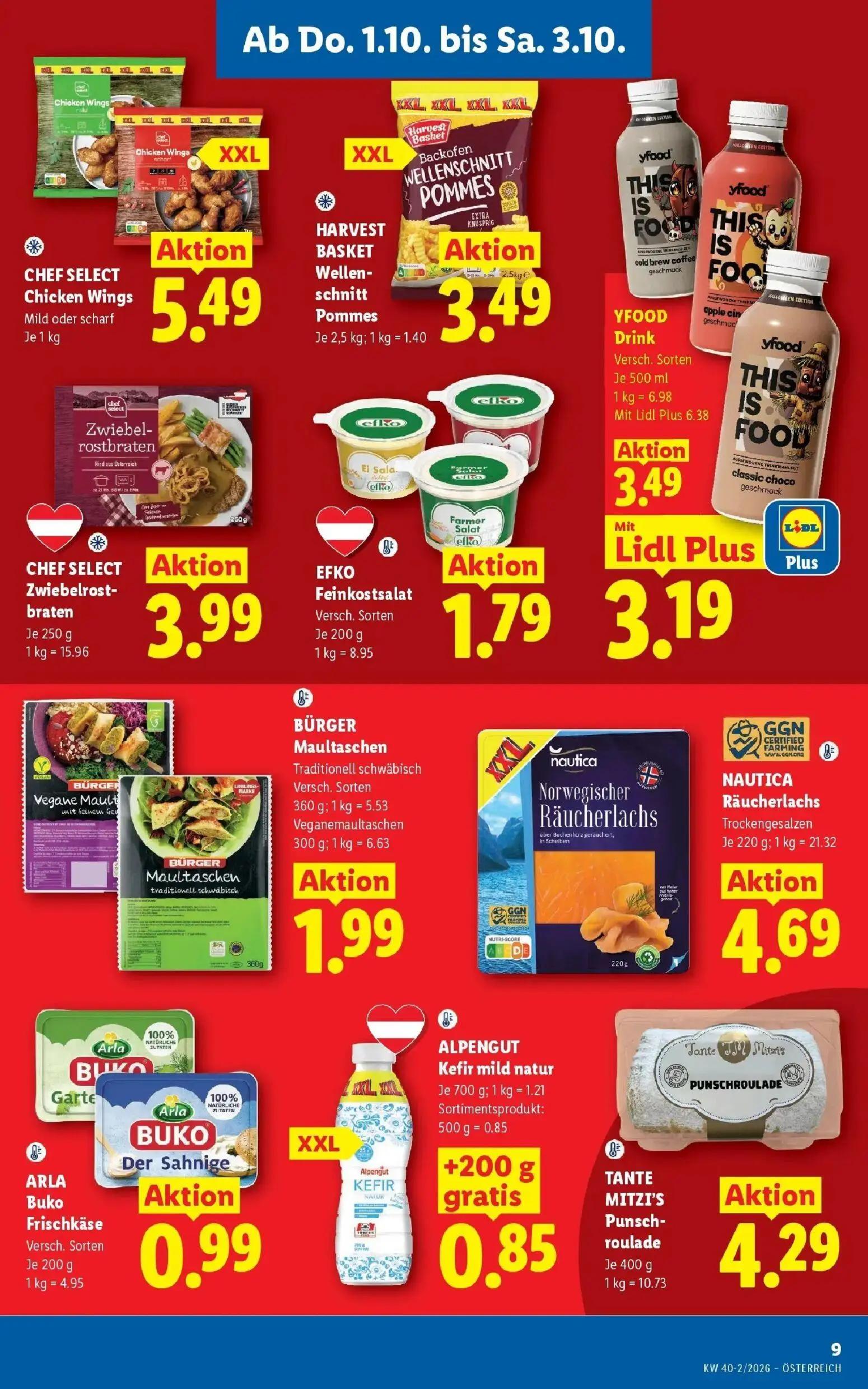 Lidl Prospekt, Seite 11 von 53 — YFOOD Drink Versch. Sorten, CHEF SELECT Chicken Wings Mild oder scharf, HARVEST BASKET Well…
