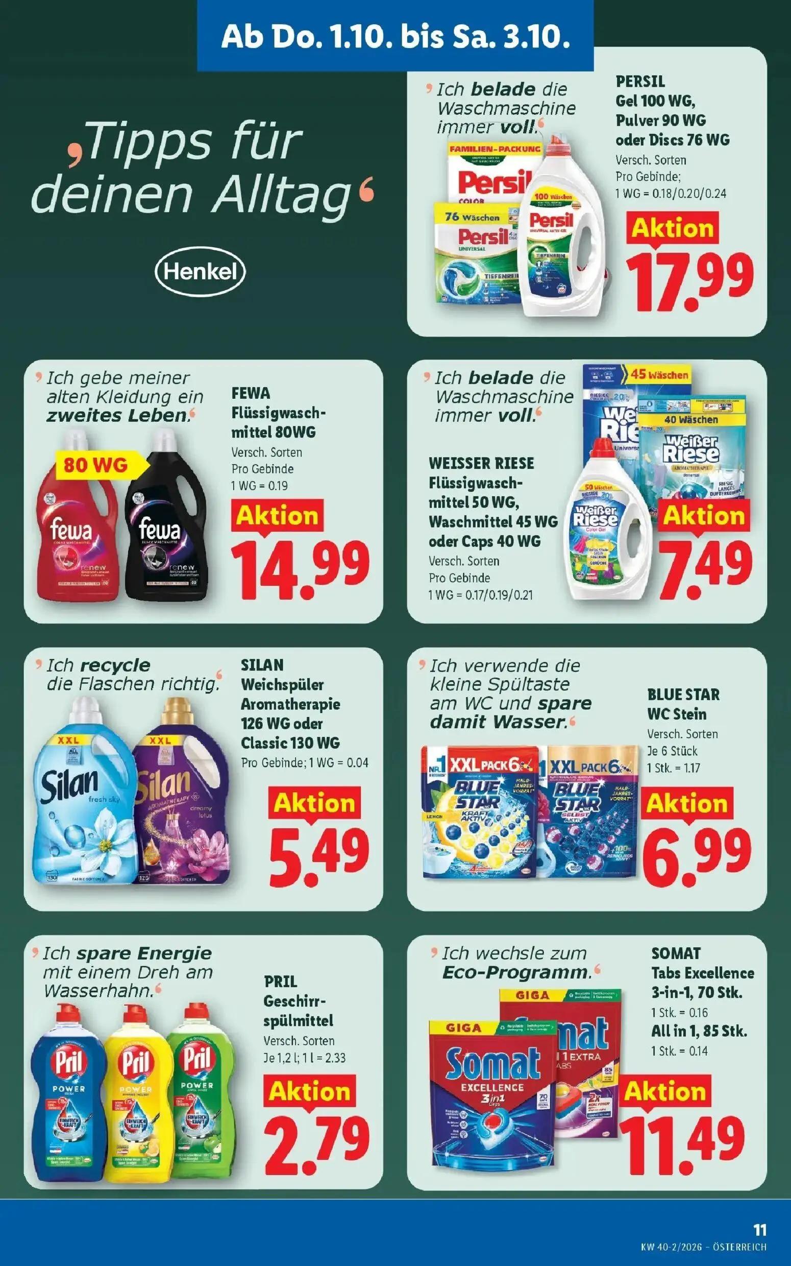 Lidl Prospekt, Seite 13 von 53 — PERSIL Gel 100 WG, Pulver 90 WG oder Discs 76 WG, FEWA Flüssigwaschmittel, WEISSER RIESE Fl…