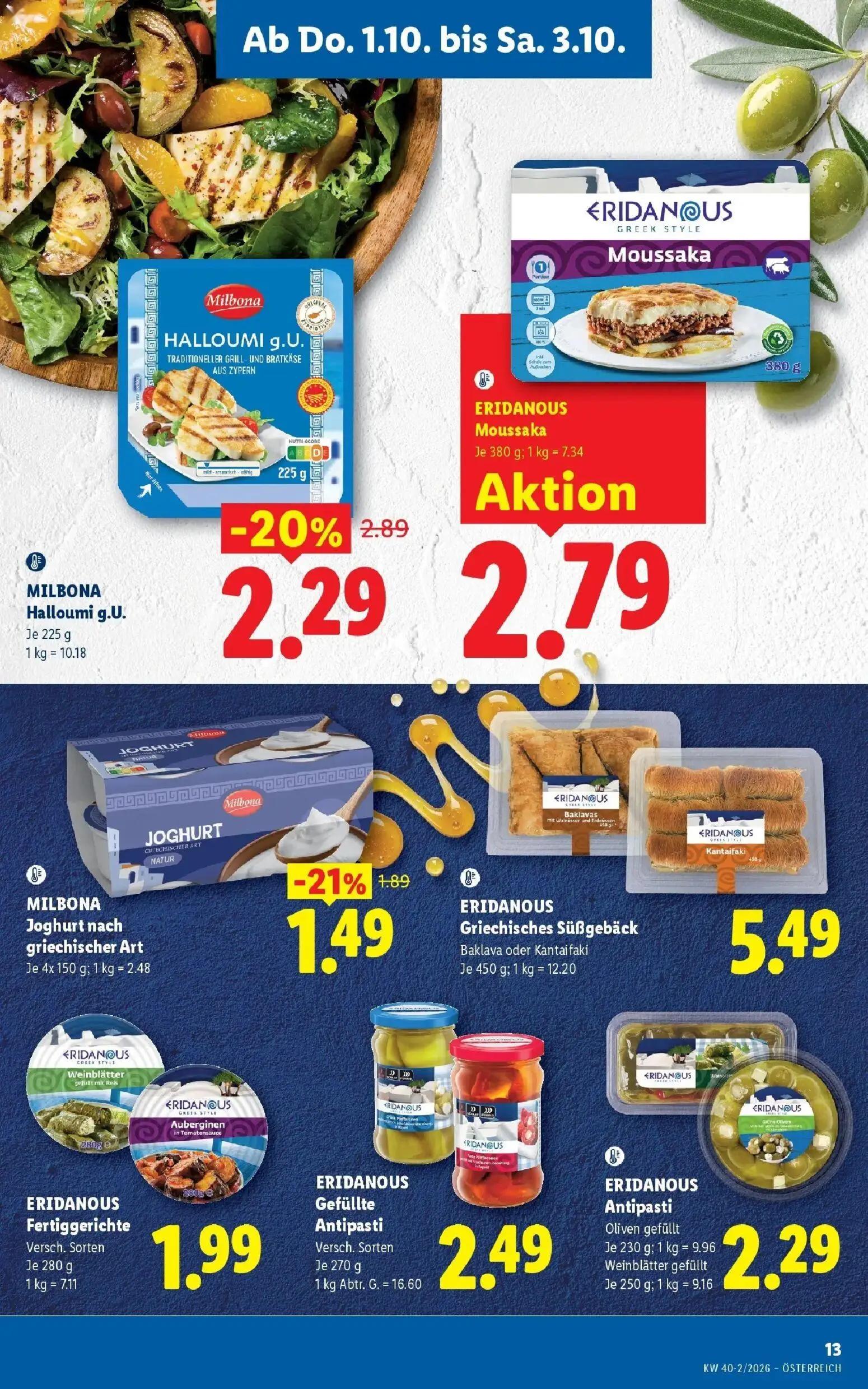 Lidl Prospekt, Seite 15 von 53 — MILBONA Halloumi g.U., MILBONA Joghurt nach griechischer Art, ERIDANOUS Moussaka