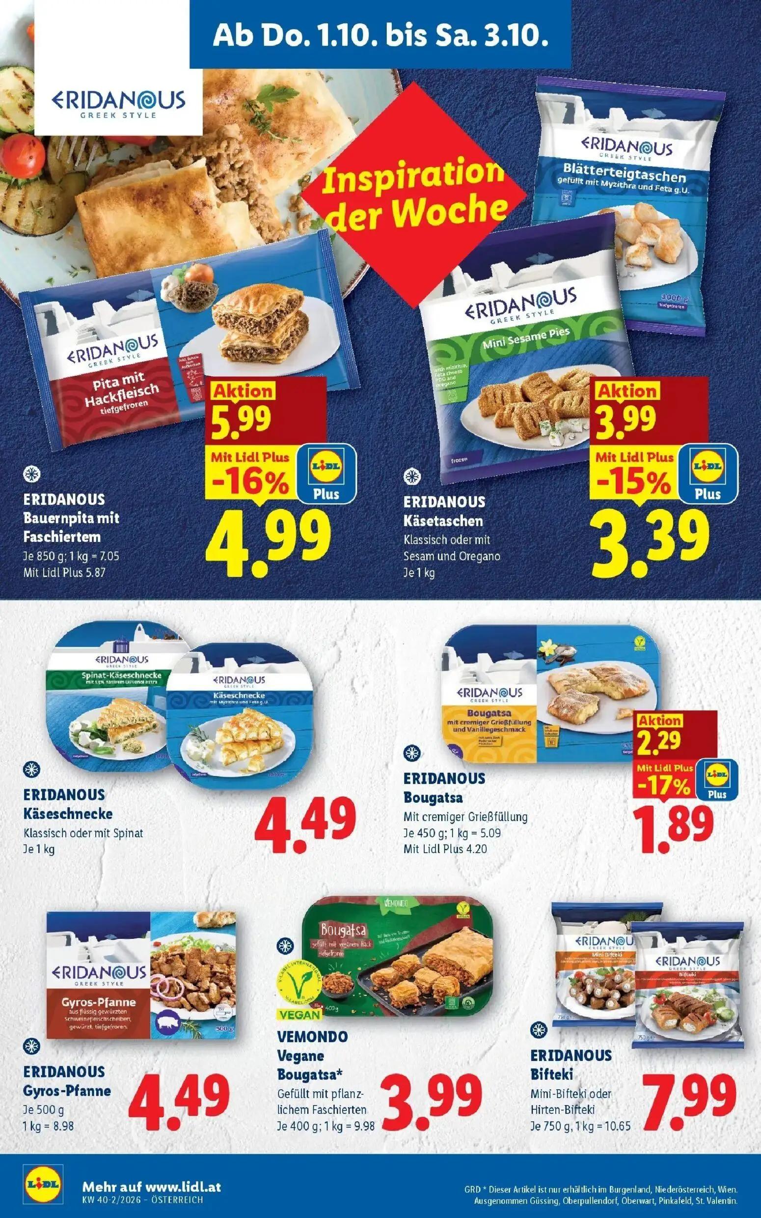 Lidl Prospekt, Seite 16 von 53 — ERIDANOUS Bauernpita mit Faschiertem, ERIDANOUS Käsetaschen Klassisch oder mit Sesam und Or…