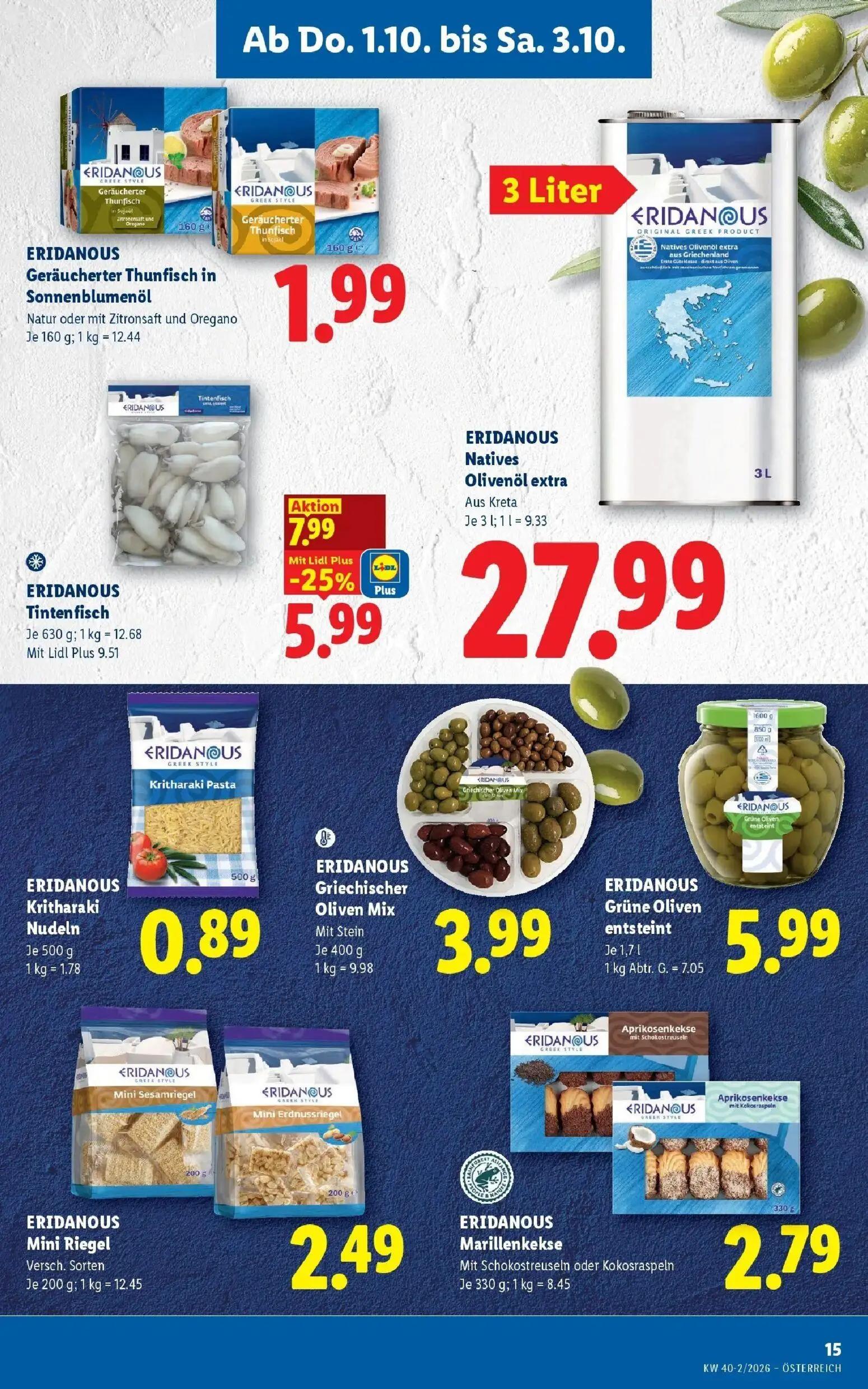 Lidl Prospekt, Seite 17 von 53 — Tintenfisch, Geräucherter Thunfisch in Sonnenblumenöl, Natives Olivenöl extra Aus Kreta