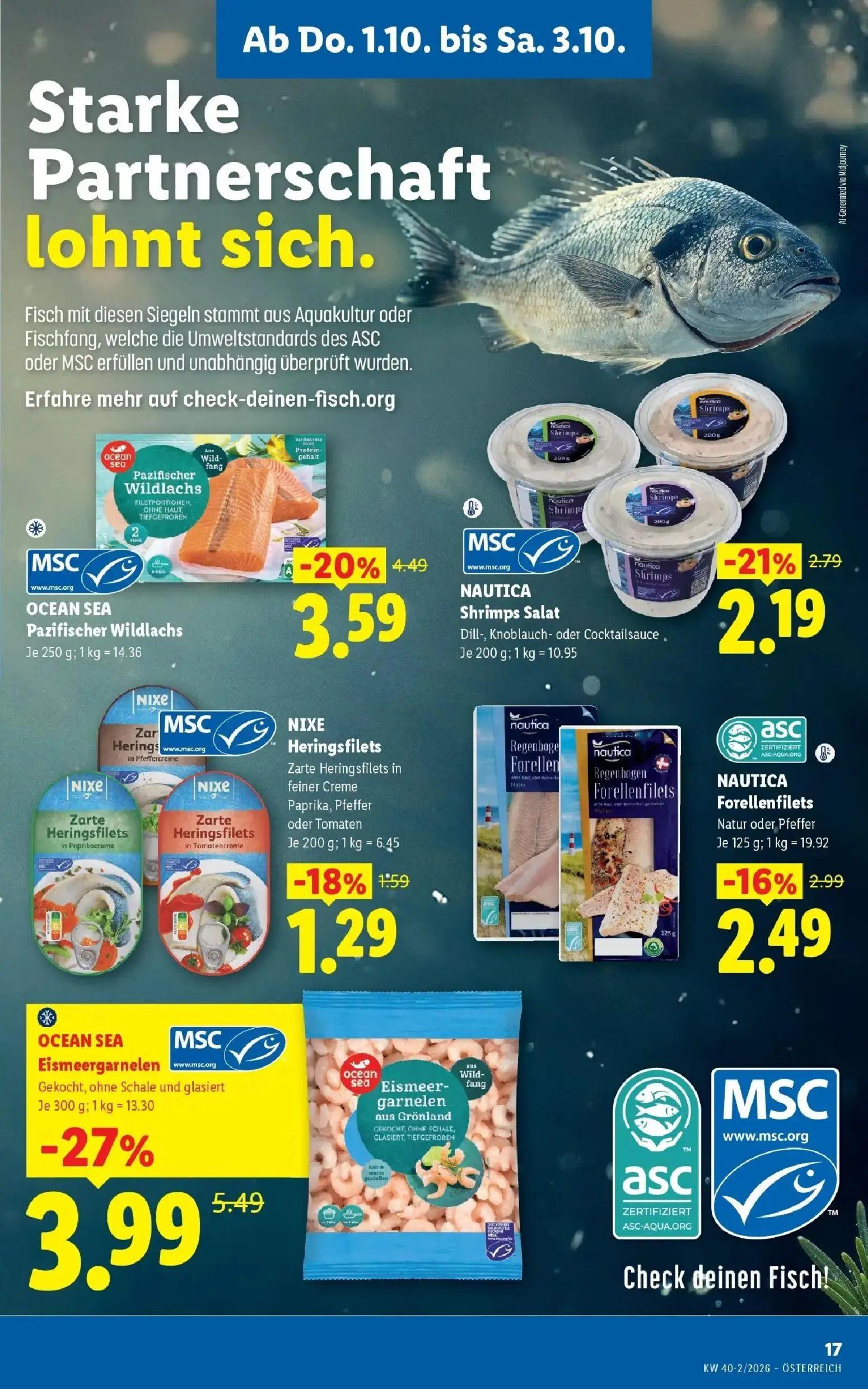 Lidl Prospekt, Seite 19 von 53 — OCEAN SEA Eismeergarnelen, OCEAN SEA Pazifischer Wildlachs, NAUTICA Shrimps Salat
