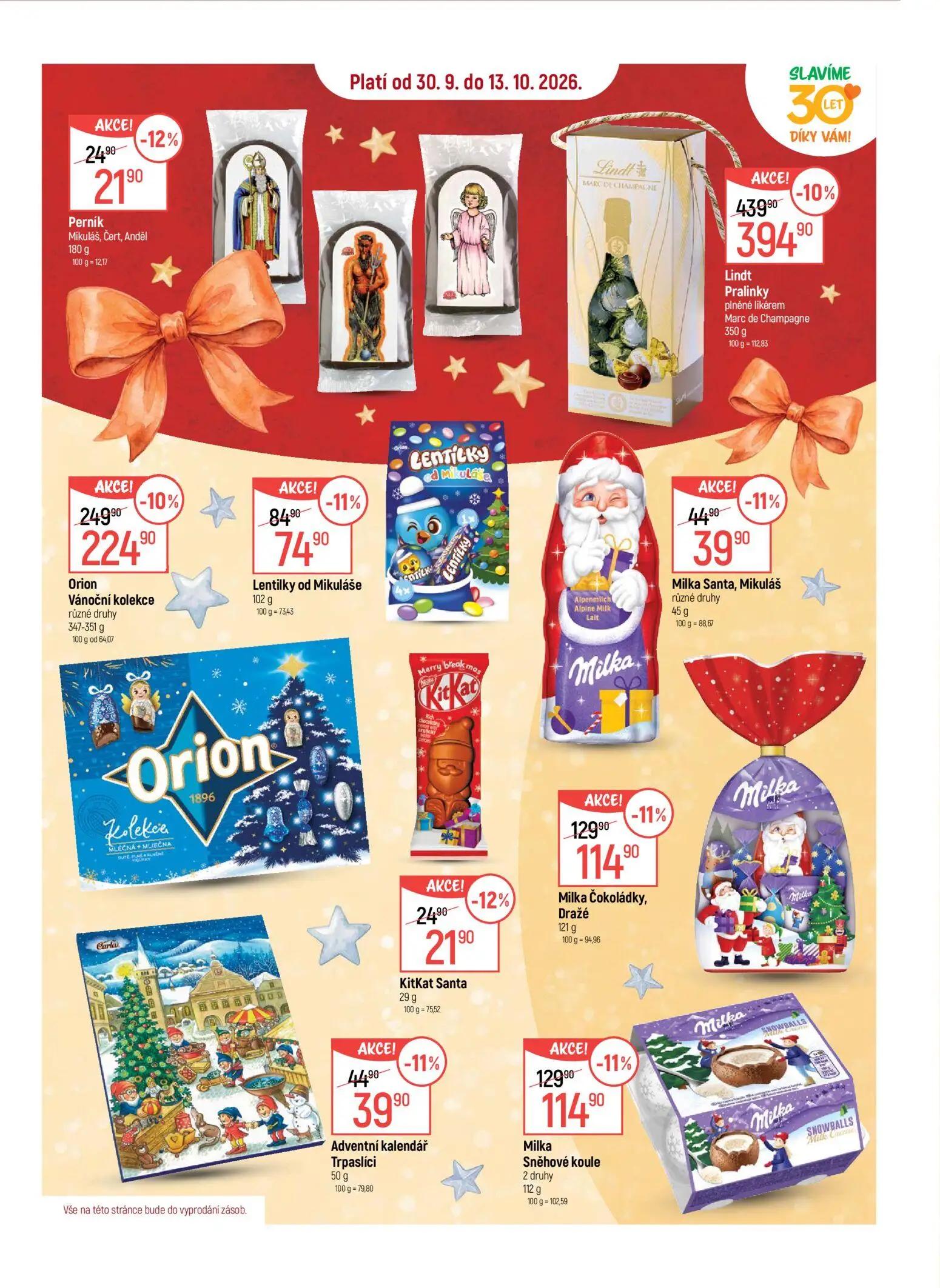 GLOBUS leták, strana 20 z 51 — Lindt Pralinky plněné likérem Marc de Champagne, Orion Vánoční kolekce různé druhy, Milka Čok…