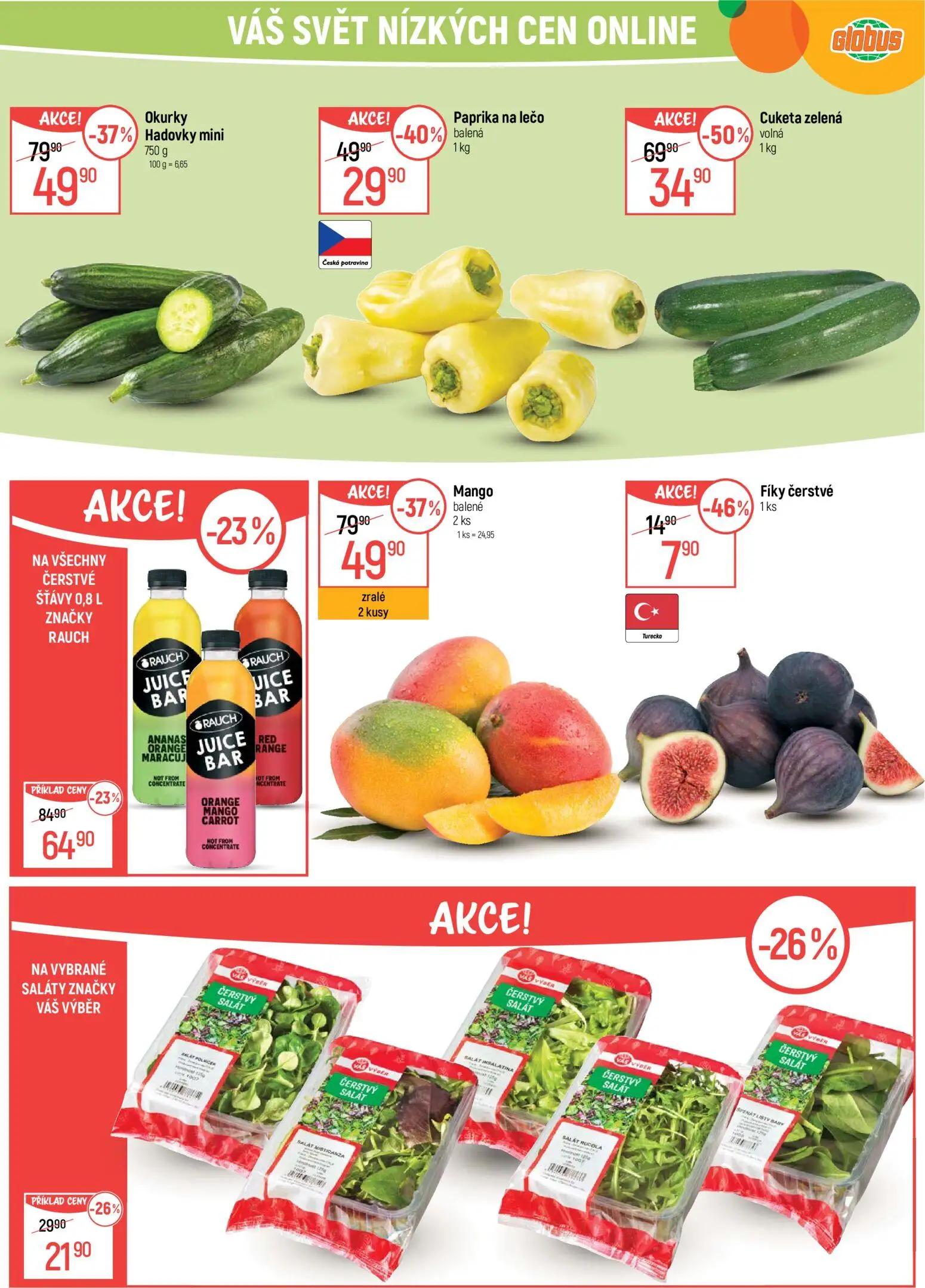 GLOBUS leták, strana 23 z 51 — Cuketa zelená volná, Okurky Hadovky mini, Mango balené