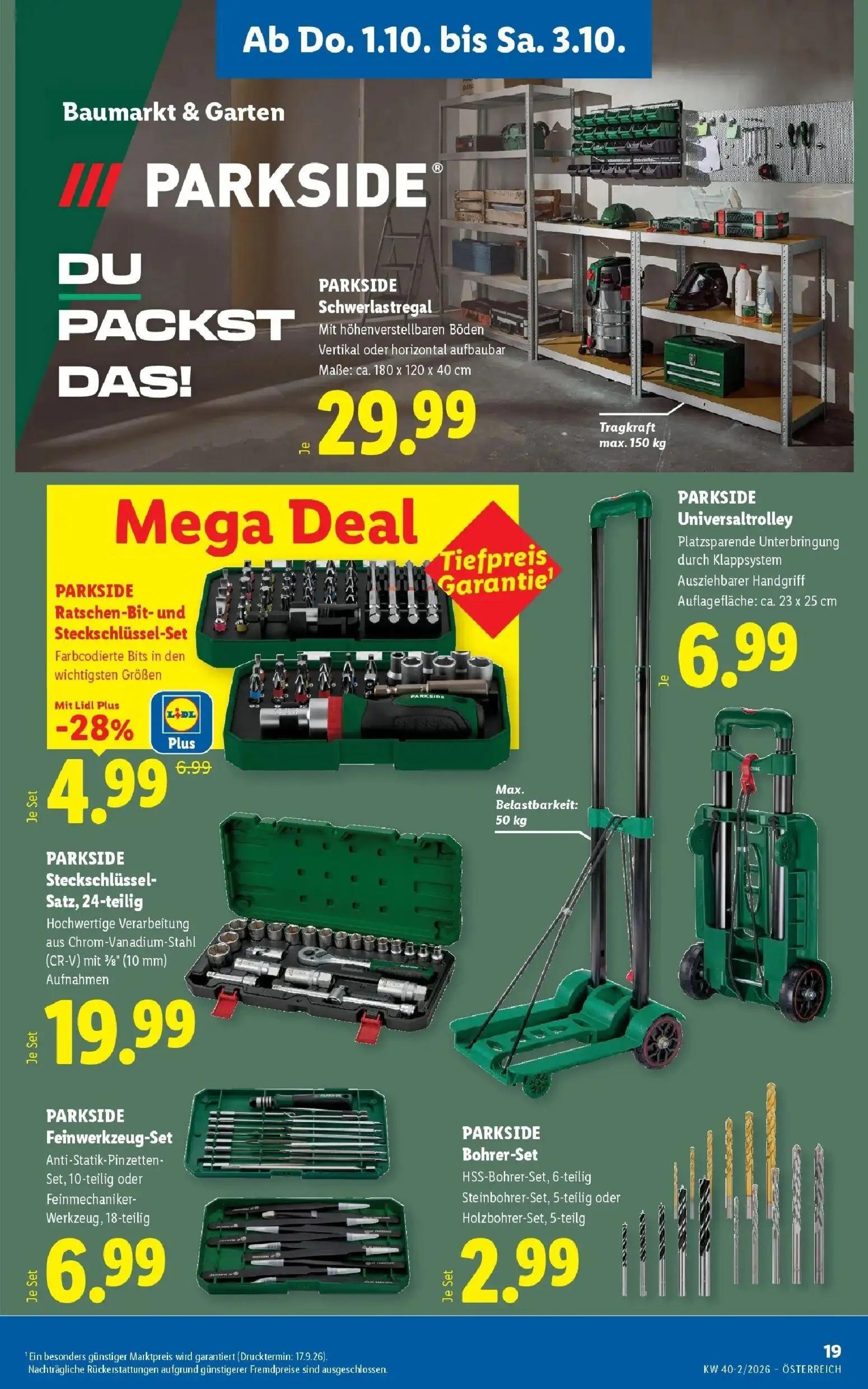Lidl Prospekt, Seite 23 von 53 — PARKSIDE Ratschen-Bit-und Steckschlüssel-Set, PARKSIDE Schwerlastregal, PARKSIDE Universalt…