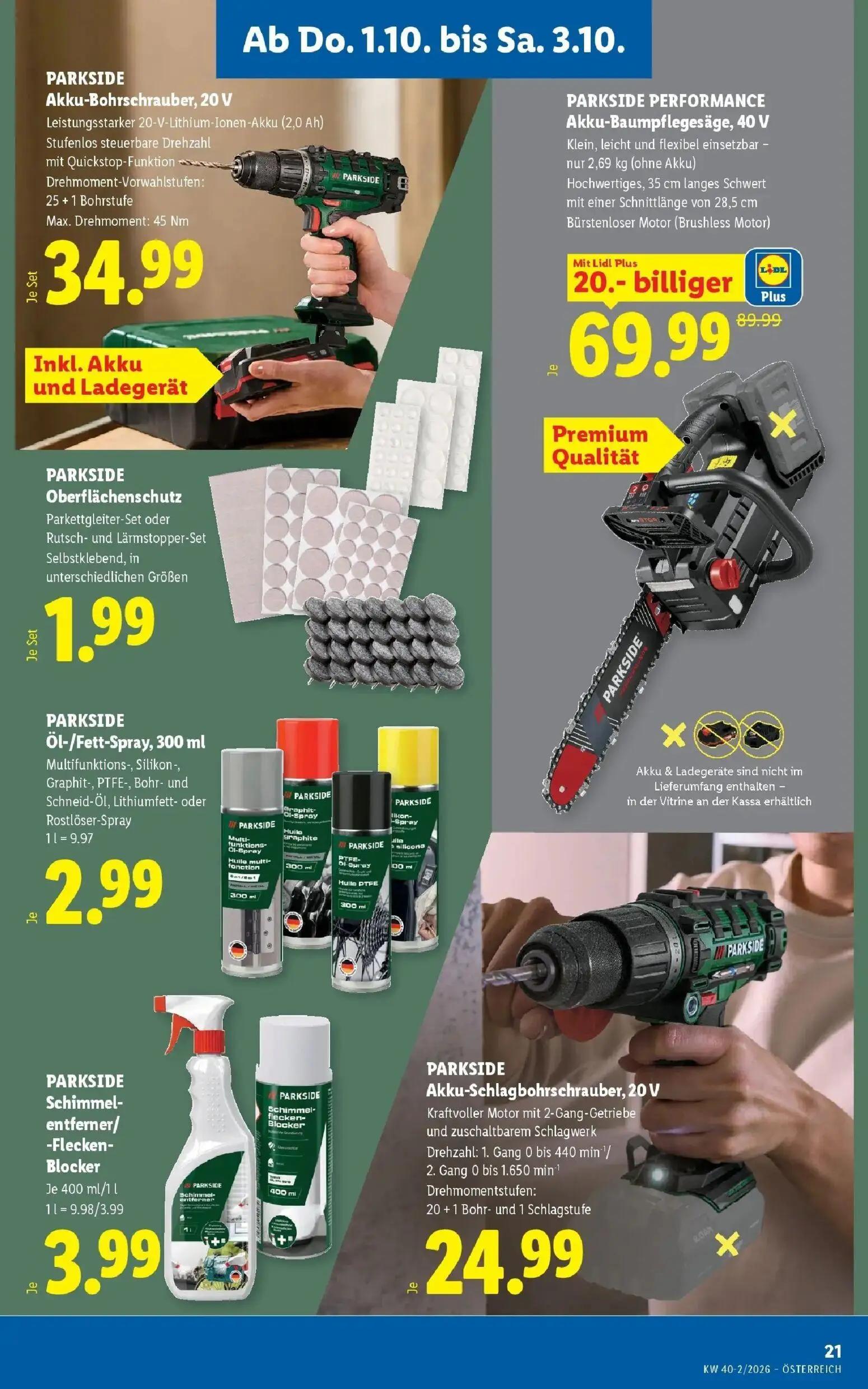 Lidl Prospekt, Seite 25 von 53 — PARKSIDE PERFORMANCE Akku-Baumpflegesäge, 40 V, PARKSIDE Akku-Bohrschrauber, 20 V, PARKSIDE…