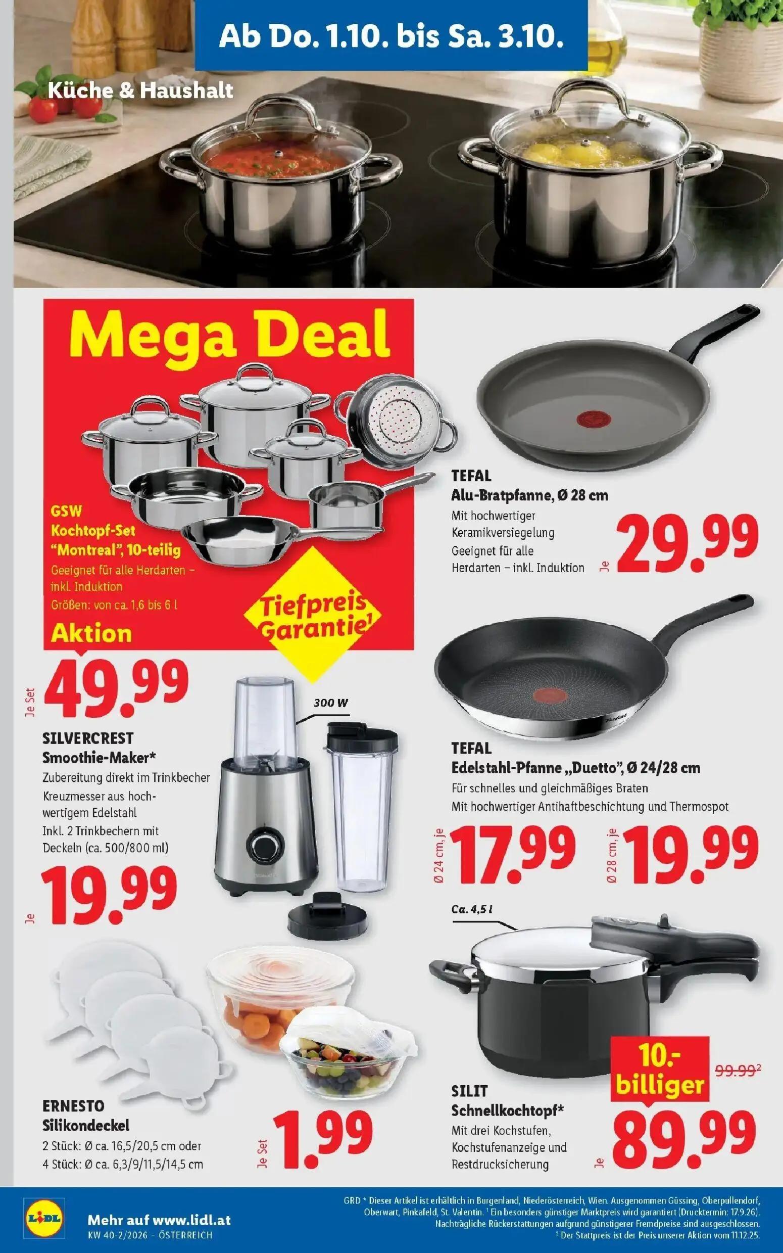 Lidl Prospekt, Seite 28 von 53 — SILIT Schnellkochtopf*, TEFAL Edelstahl-Pfanne „Duetto", GSW Kochtopf-Set "Montreal", 10-te…