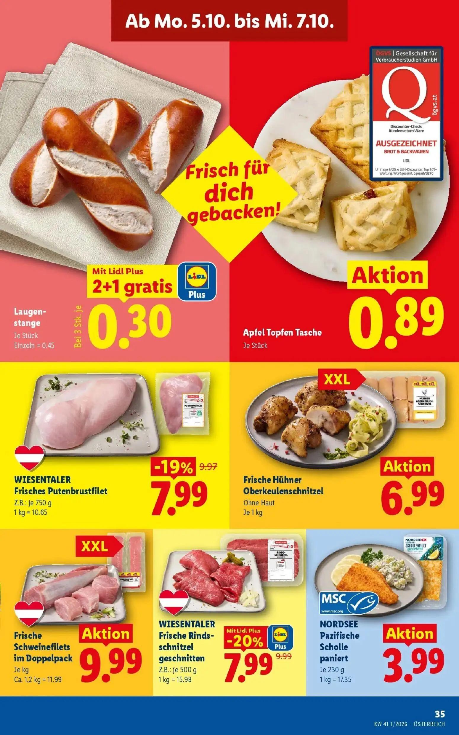 Lidl Prospekt, Seite 42 von 53 — Frische Rinds-schnitzel geschnitten, Frisches Putenbrustfilet, Laugen-stange
