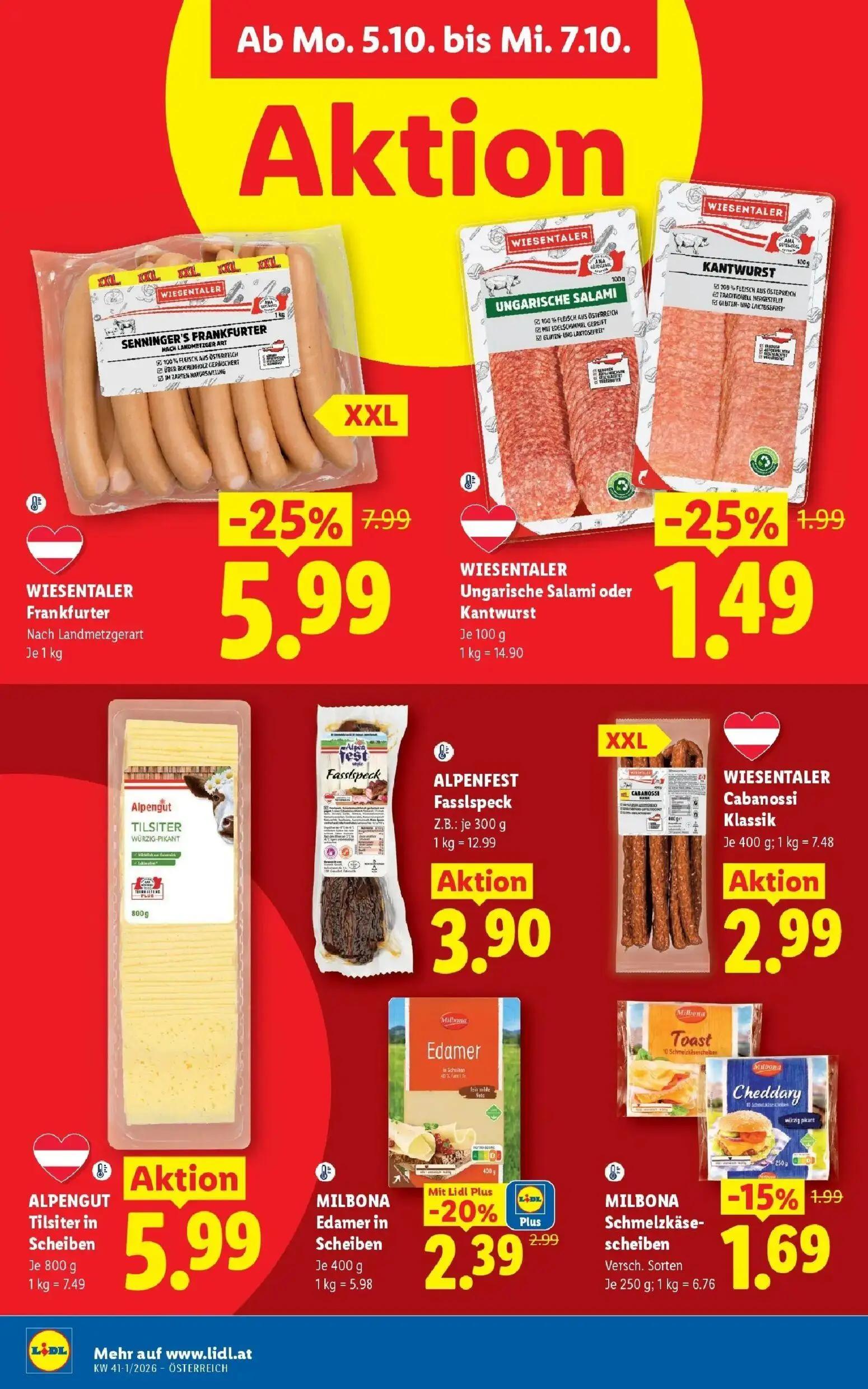 Lidl Prospekt, Seite 43 von 53 — WIESENTALER Frankfurter, MILBONA Edamer in Scheiben, WIESENTALER Ungarische Salami oder Kan…