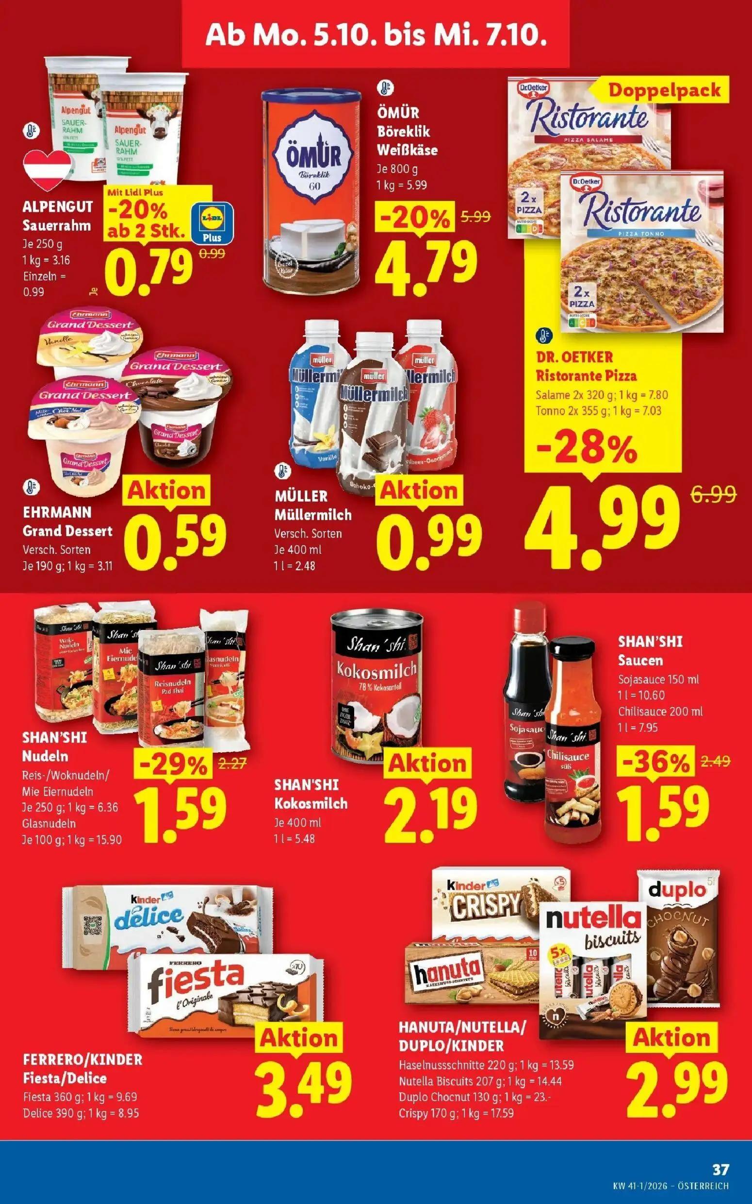 Lidl Prospekt, Seite 44 von 53 — DR. OETKER Ristorante Pizza Salame 2x 320 g; Tonno 2x 355 g, ÖMÜR Böreklik Weißkäse, SHAN'S…