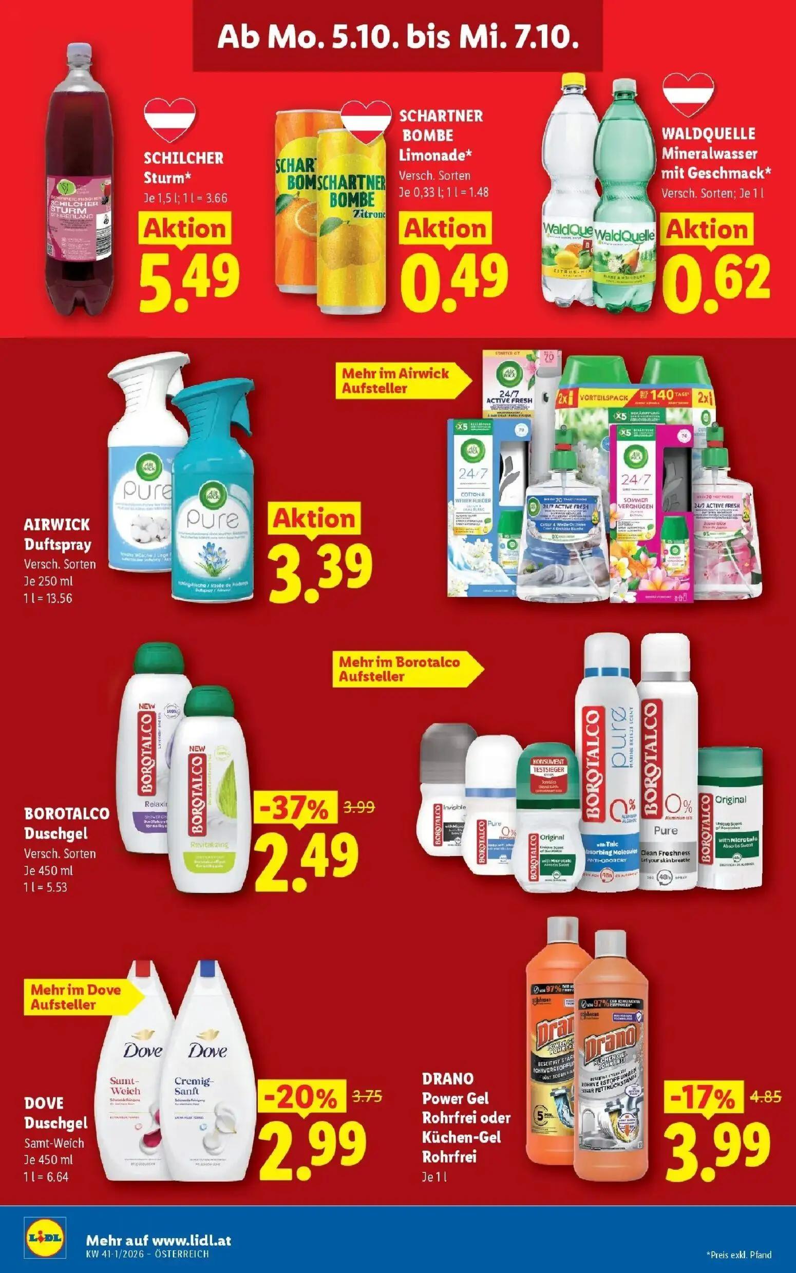 Lidl Prospekt, Seite 45 von 53 — BOROTALCO Duschgel, DRANO Power Gel Rohrfrei oder Küchen-Gel Rohrfrei, DOVE Duschgel Samt-W…