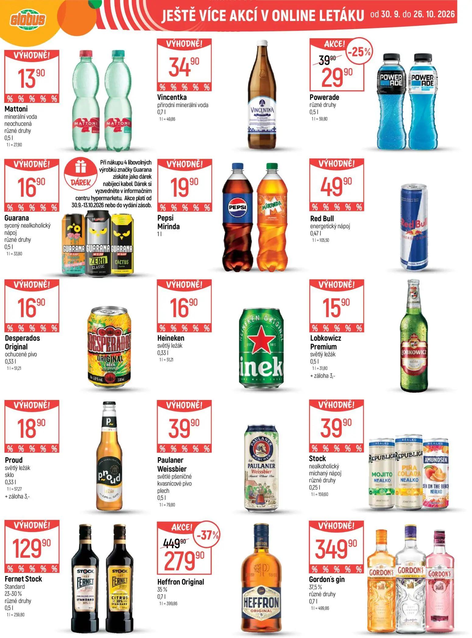 GLOBUS leták, strana 46 z 51 — Heffron Original 35%, Powerade, Mattoni minerální voda neochucená