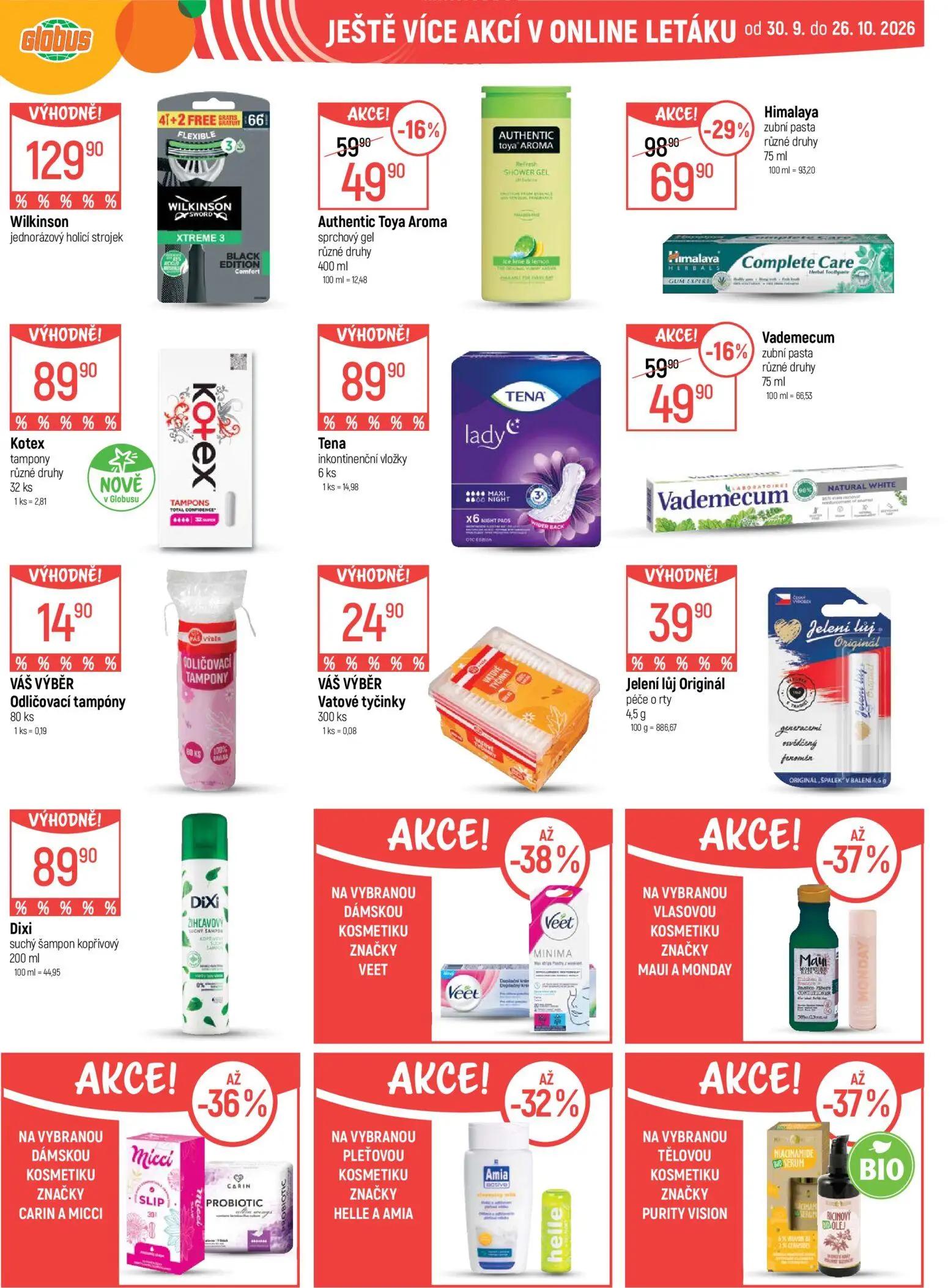 GLOBUS leták, strana 48 z 51 — Himalaya zubní pasta různé druhy, Authentic Toya Aroma sprchový gel různé druhy, Vademecum zu…