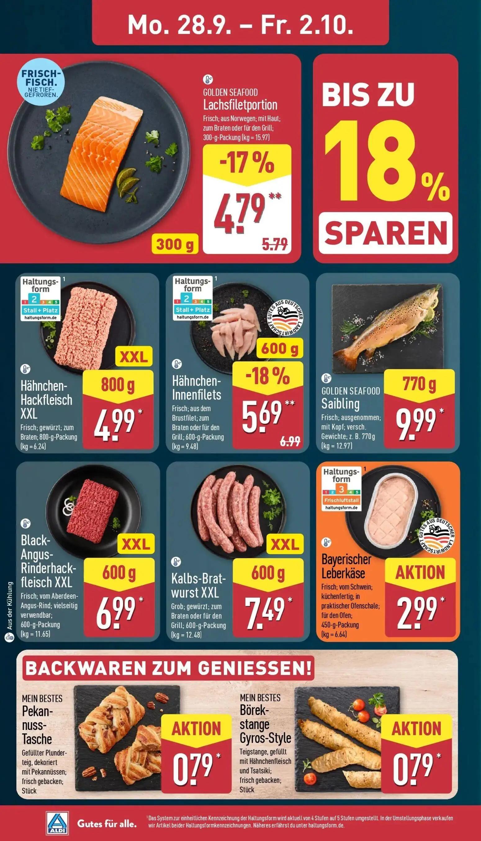 Aldi Nord Prospekt, Seite 4 von 43 — Hähnchen-Innenfilets, GOLDEN SEAFOOD Lachsfiletportion, Hähnchen-Hackfleisch XXL