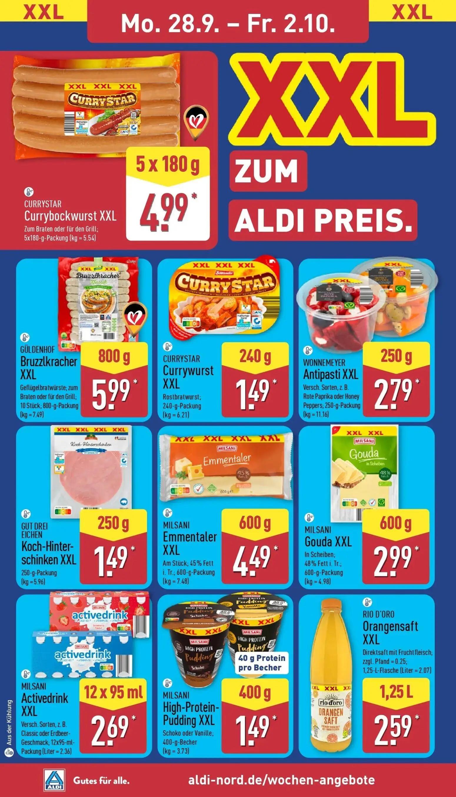Aldi Nord Prospekt, Seite 10 von 43 — CURRYSTAR Currybockwurst XXL, GÜLDENHOF Bruzzlkracher XXL, CURRYSTAR Currywurst XXL