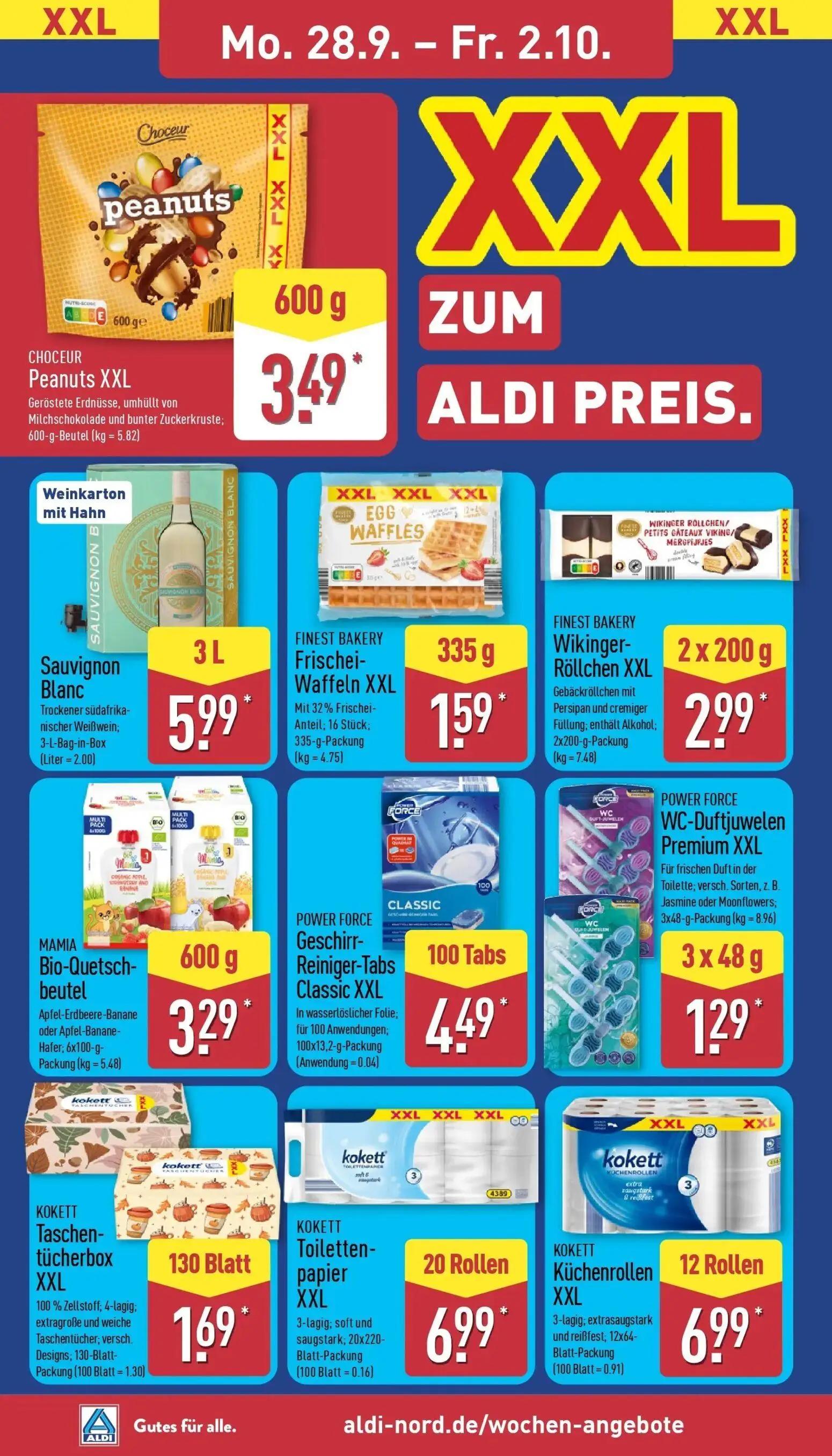 Aldi Nord Prospekt, Seite 14 von 43 — CHOCEUR Peanuts XXL, Sauvignon Blanc, FINEST BAKERY Frischei-Waffeln XXL