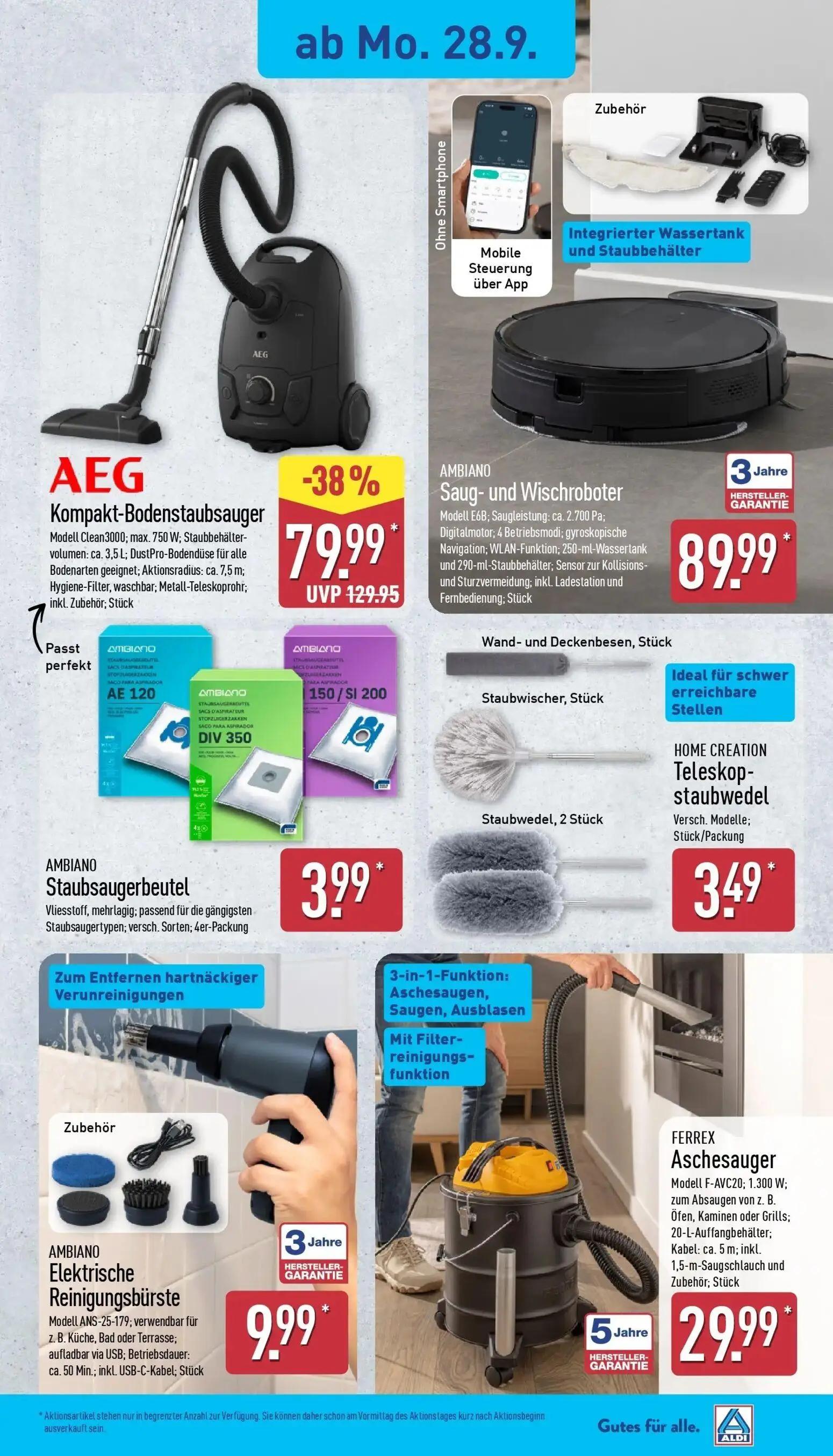 Aldi Nord Prospekt, Seite 15 von 43 — Kompakt-Bodenstaubsauger Modell Clean3000, Saug- und Wischroboter Modell E6B, Staubsau…
