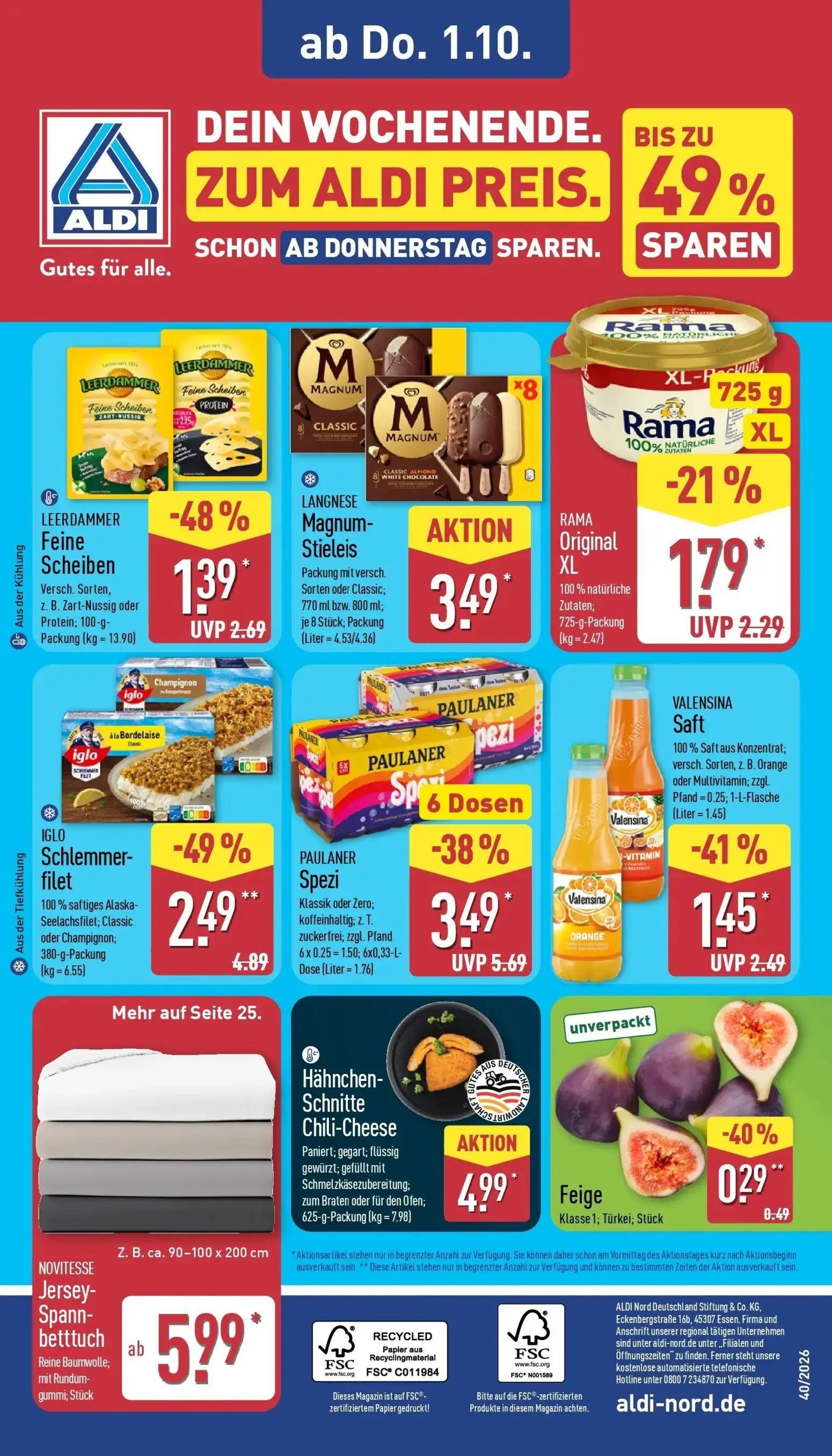 Aldi Nord Prospekt, Seite 32 von 43 — IGLO Schlemmerfilet, PAULANER Spezi, LEERDAMMER Feine Scheiben