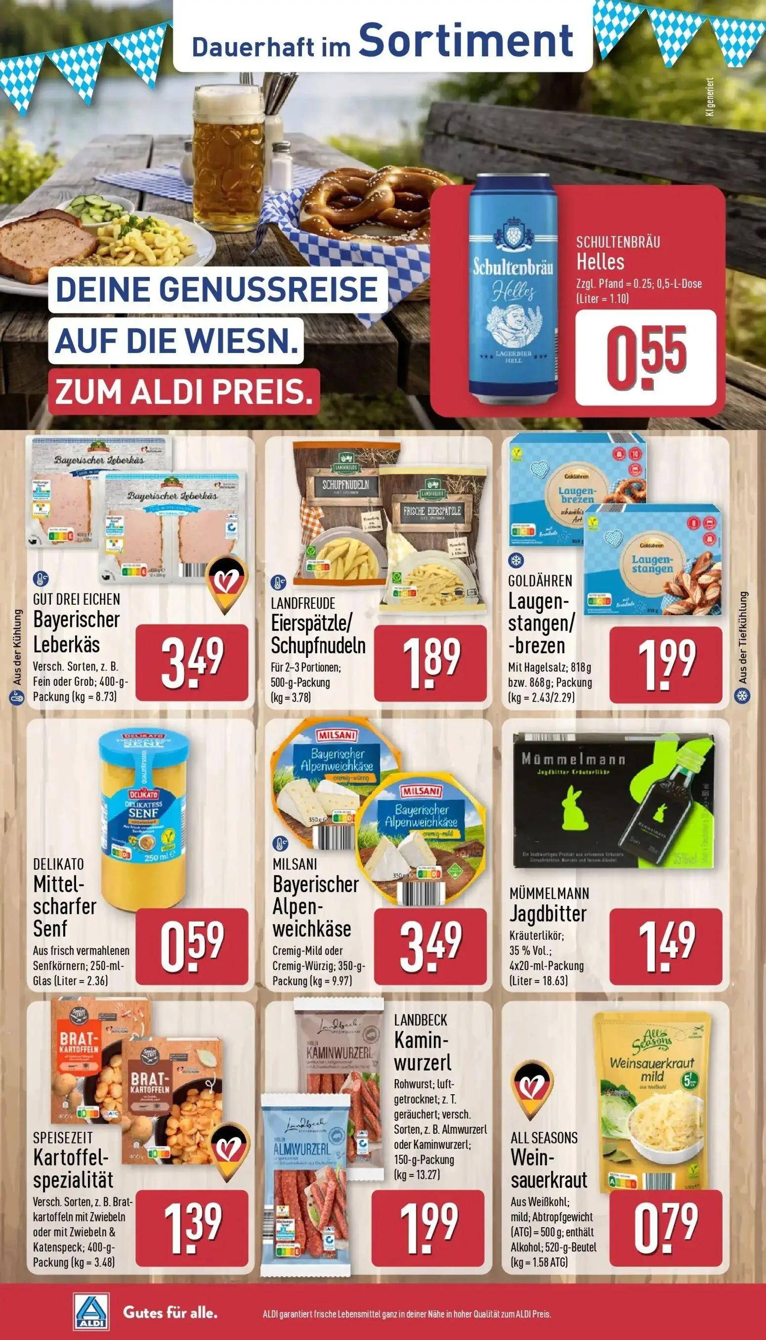 Aldi Nord Prospekt, Seite 33 von 43 — Schultenbräu Helles, GUT DREI EICHEN Bayerischer Leberkäs, LANDFREUDE Eierspätzle/Schu…