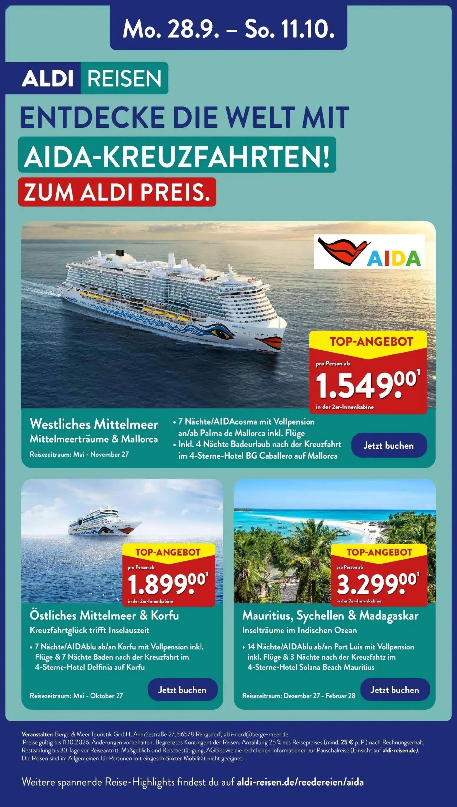 Aldi Nord Prospekt, Seite 41 von 43 — Westliches Mittelmeer Mittelmeerträume & Mallorca • 7 Nächte/AIDAcosma mit Vollpension…