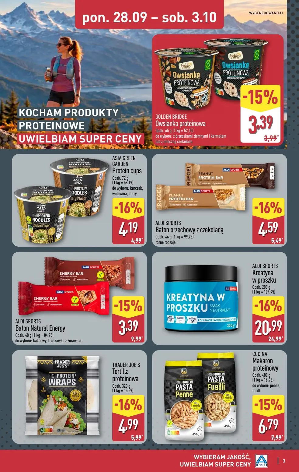 ALDI gazetka, strona 3 z 4 — Kreatyna w proszku, Makaron proteinowy Penne, Fusilli, Tortilla proteinowa