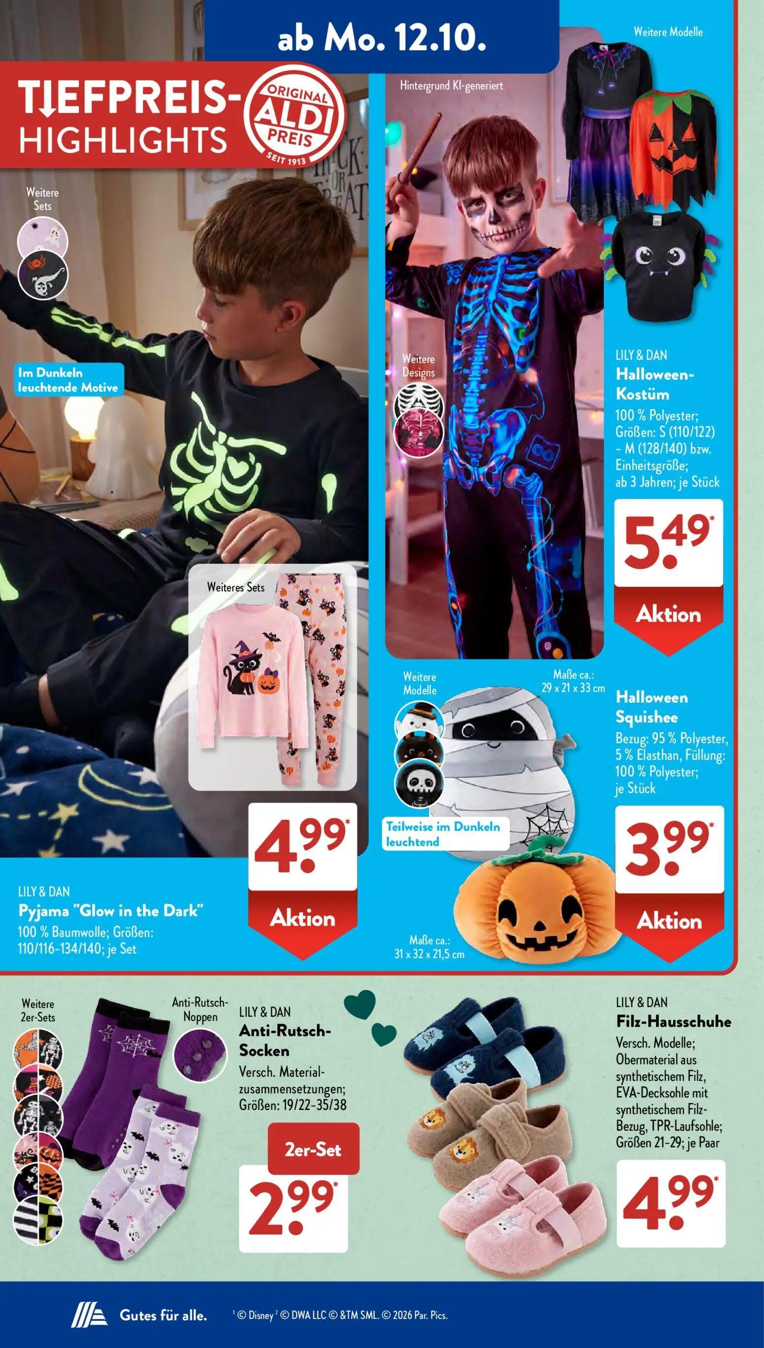 Aldi Süd Prospekt, Seite 4 von 23 — Halloween-Kostüm, Pyjama "Glow in the Dark", Halloween Squishee