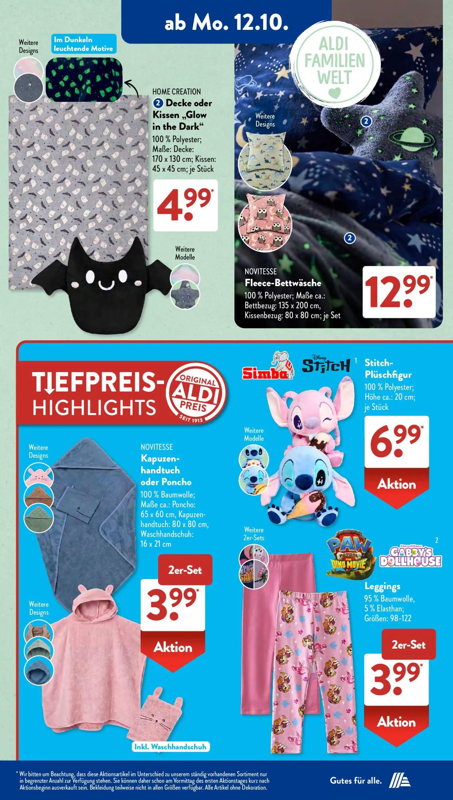 Aldi Süd Prospekt, Seite 5 von 23 — Decke oder Kissen „Glow in the Dark", Fleece-Bettwäsche, Stitch-Plüschfigur