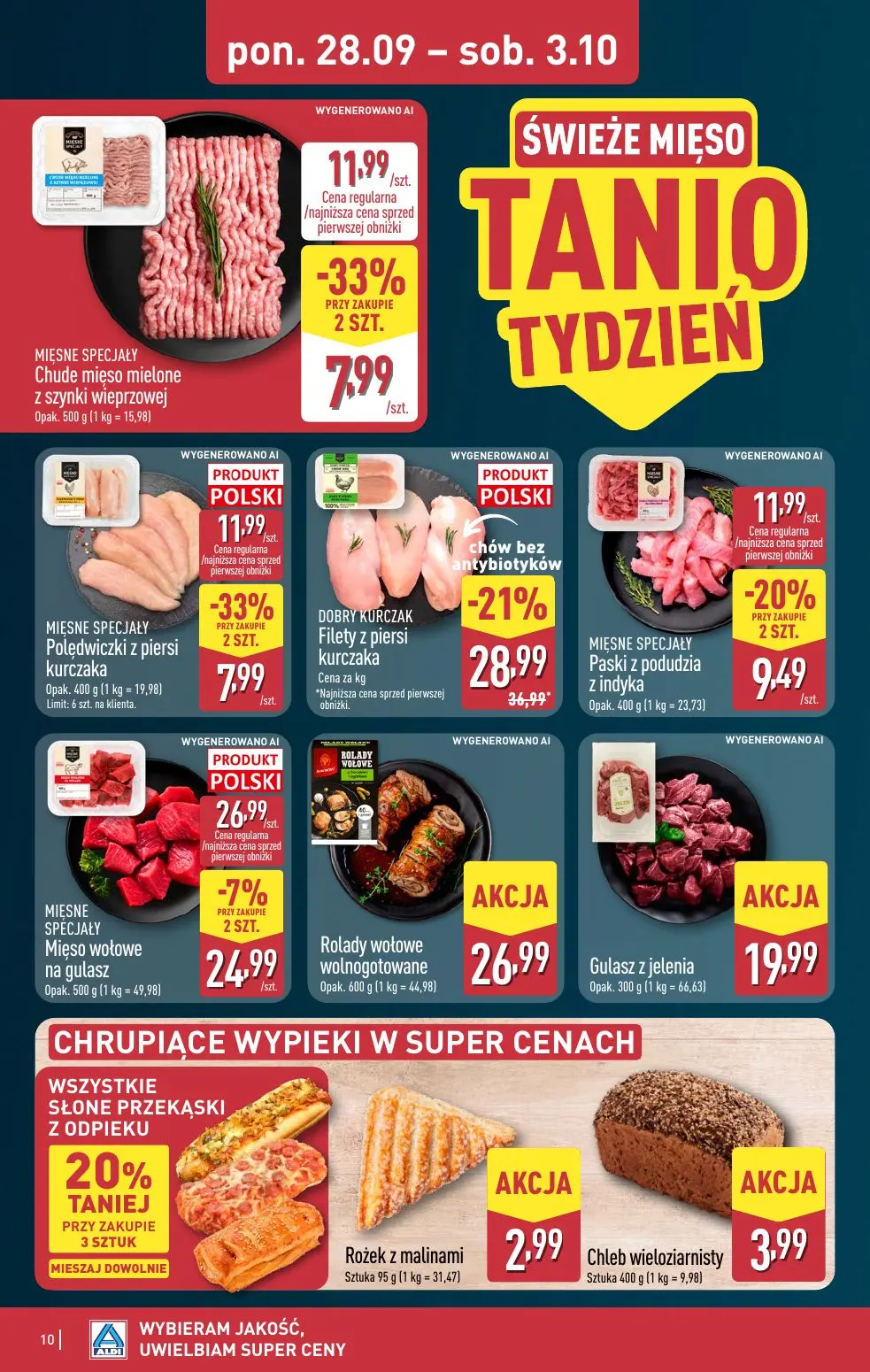 ALDI gazetka, strona 10 z 52 — DOBRY KURCZAK Filety z piersi kurczaka, MIĘSNE SPECJAŁY Chude mięso mielone z szynki wieprzow…
