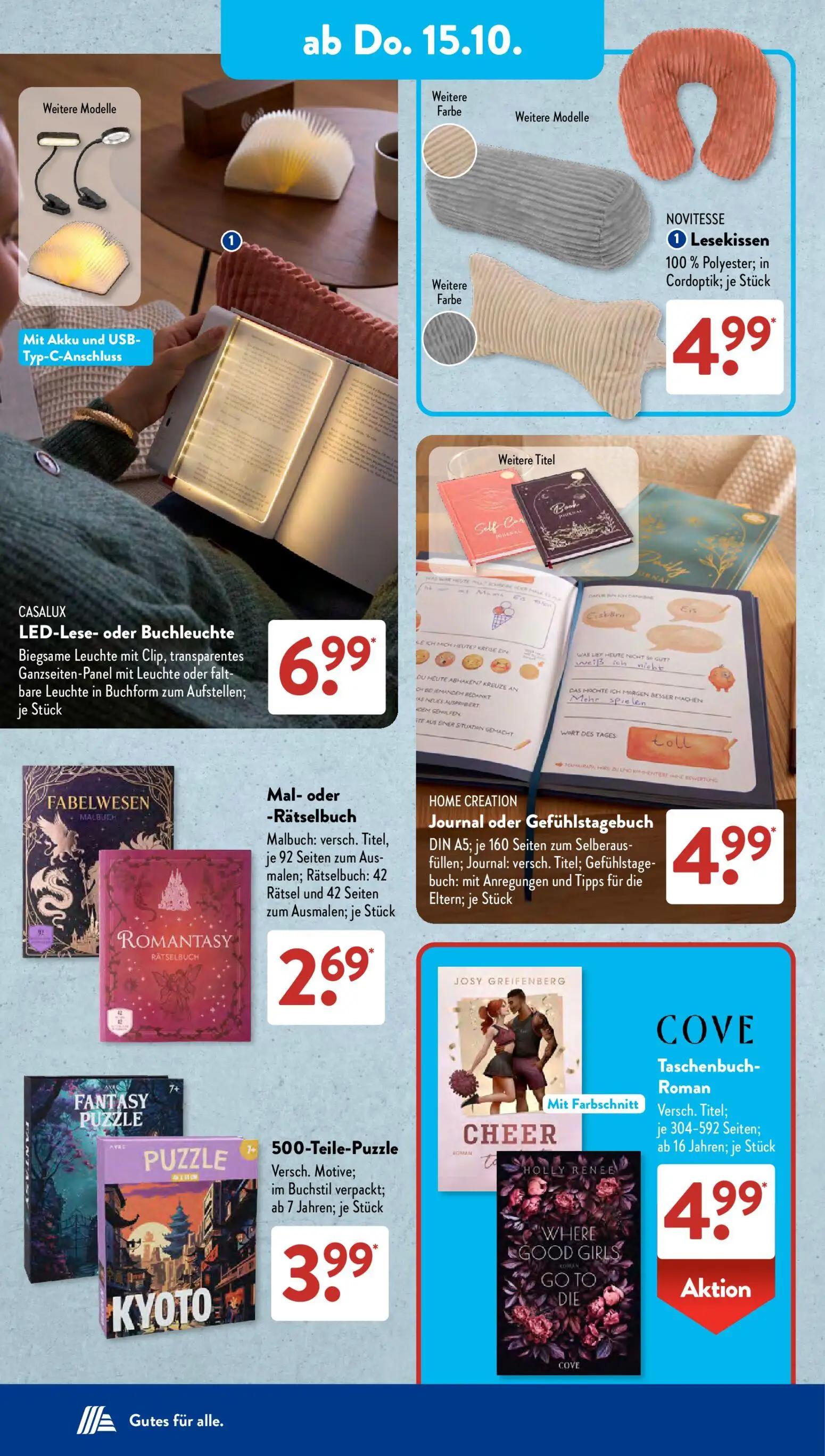 Aldi Süd Prospekt, Seite 8 von 23 — Lesekissen, LED-Lese- oder Buchleuchte, Mal- oder Rätselbuch