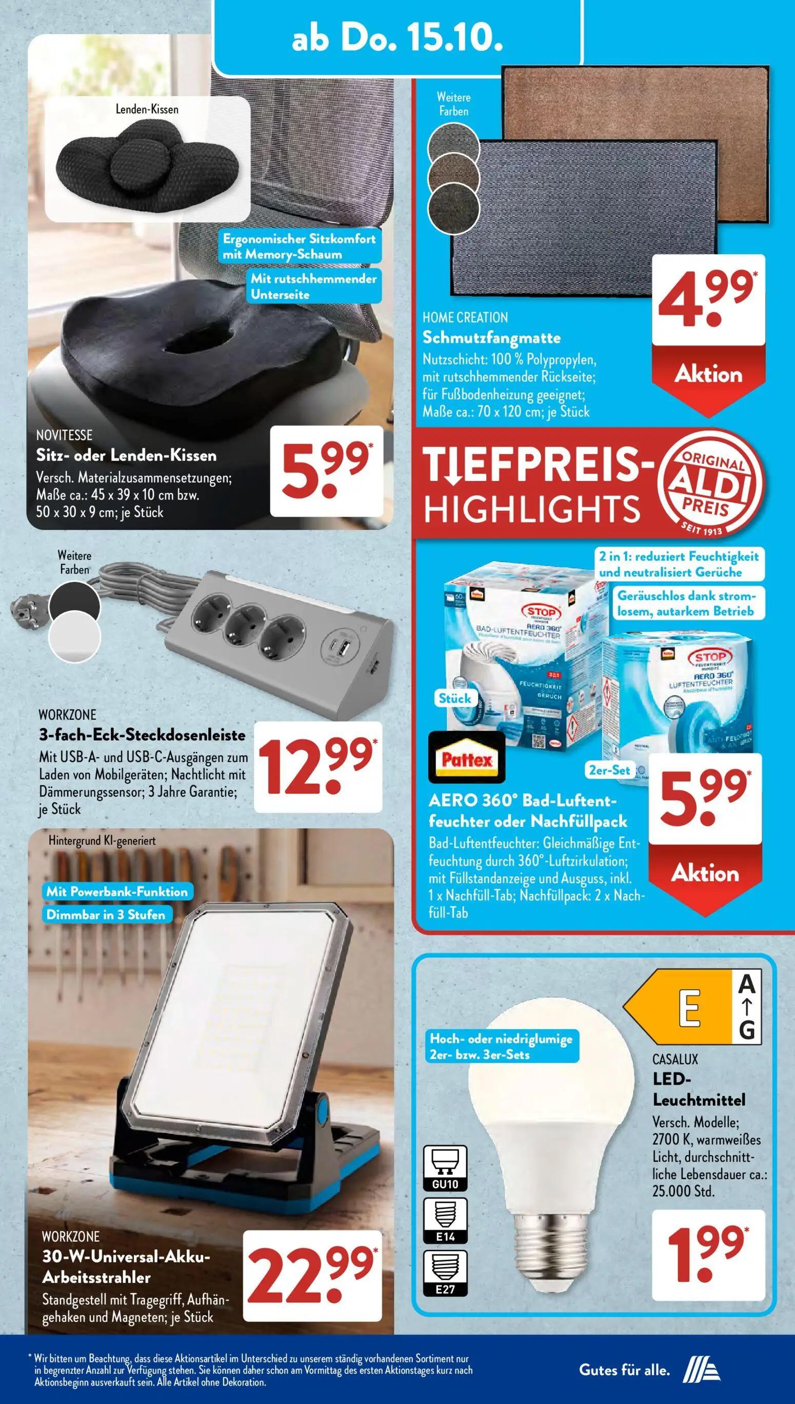 Aldi Süd Prospekt, Seite 9 von 23 — Sitz- oder Lenden-Kissen, Schmutzfangmatte, 3-fach-Eck-Steckdosenleiste