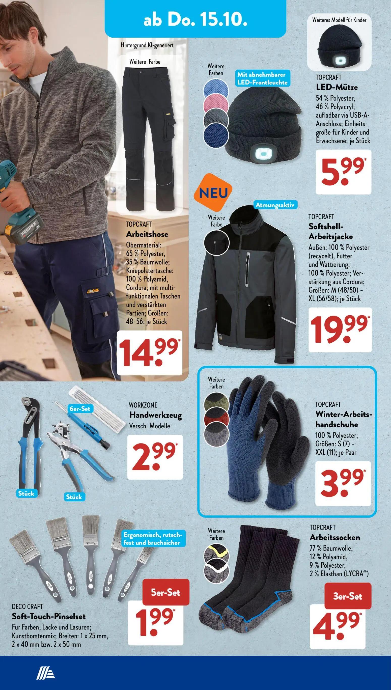 Aldi Süd Prospekt, Seite 10 von 23 — TOPCRAFT LED-Mütze, TOPCRAFT Arbeitshose, TOPCRAFT Softshell-Arbeitsjacke