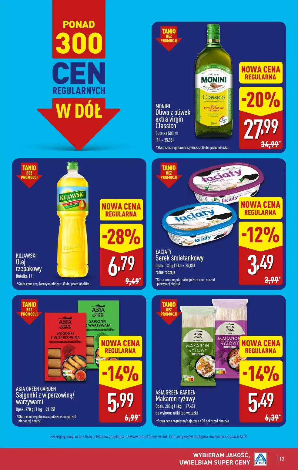 ALDI gazetka, strona 13 z 52 — MONINI Oliwa z oliwek extra virgin Classico, KUJAWSKI Olej rzepakowy, ASIA GREEN GARDEN Sajgo…