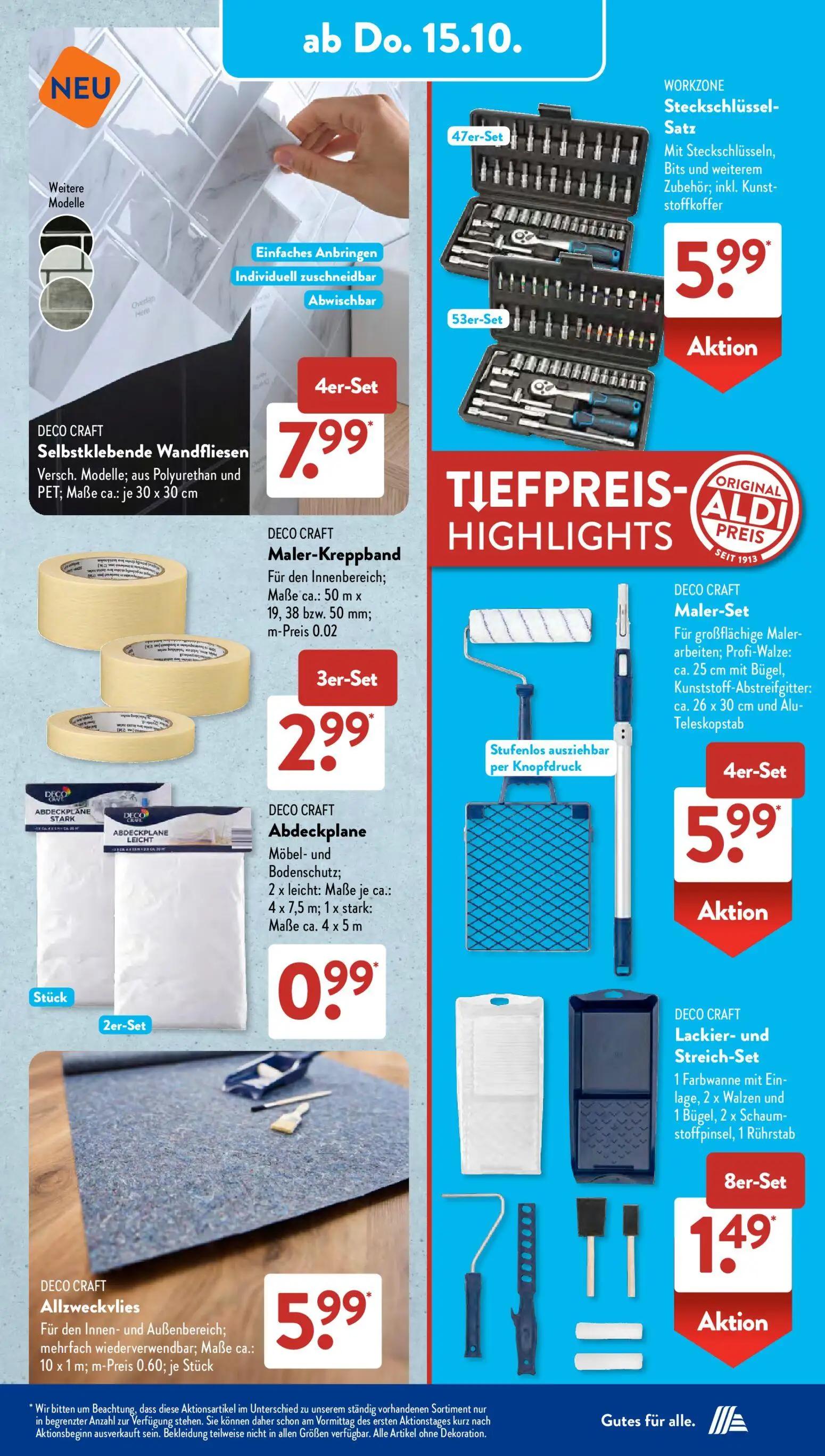 Aldi Süd Prospekt, Seite 11 von 23 — Selbstklebende Wandfliesen, Steckschlüssel-Satz, Maler-Kreppband