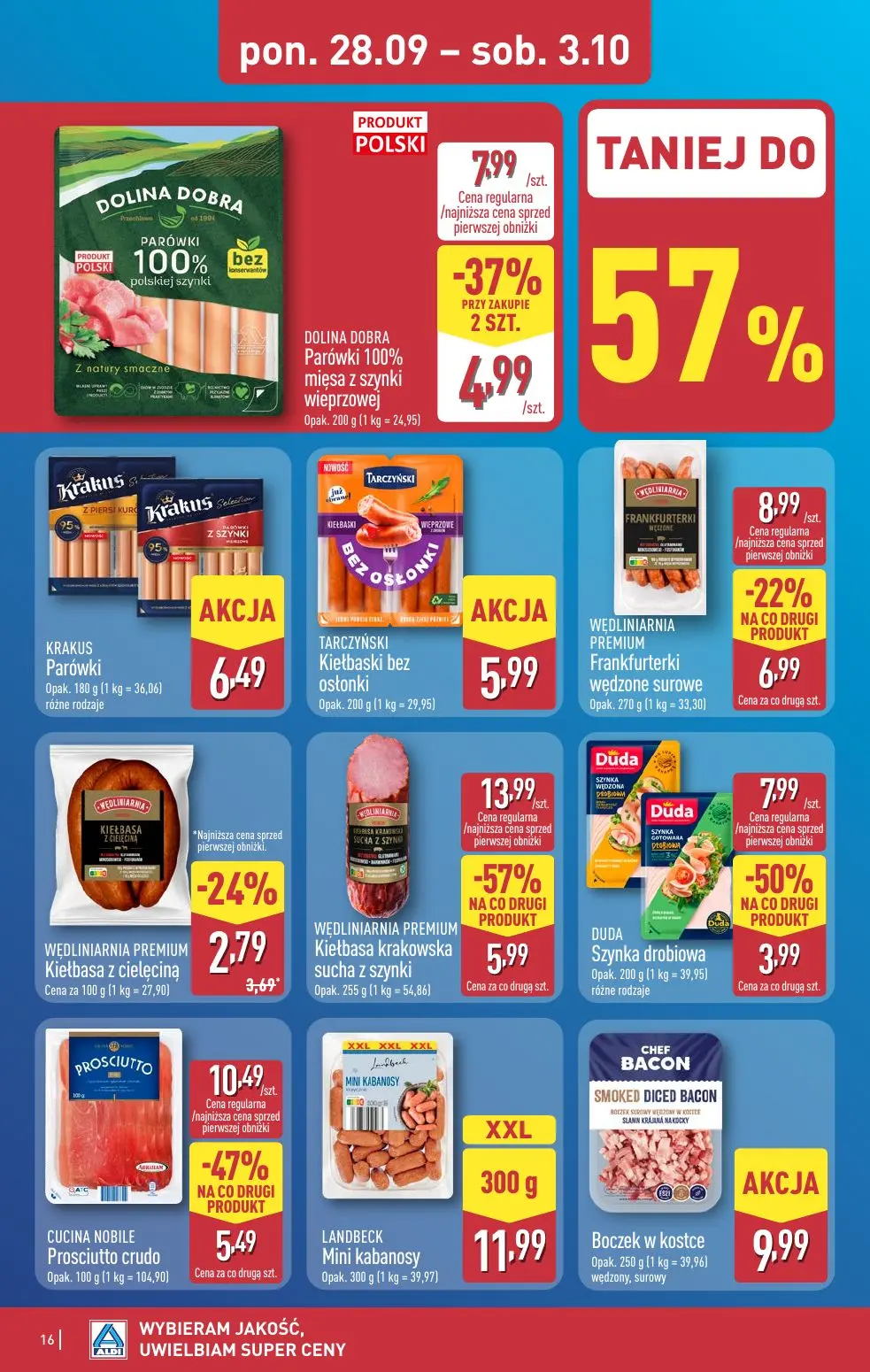 ALDI gazetka, strona 16 z 52 — WĘDLINIARNIA PREMIUM Kiełbasa krakowska sucha z szynki, CUCINA NOBILE Prosciutto crudo, DUDA …