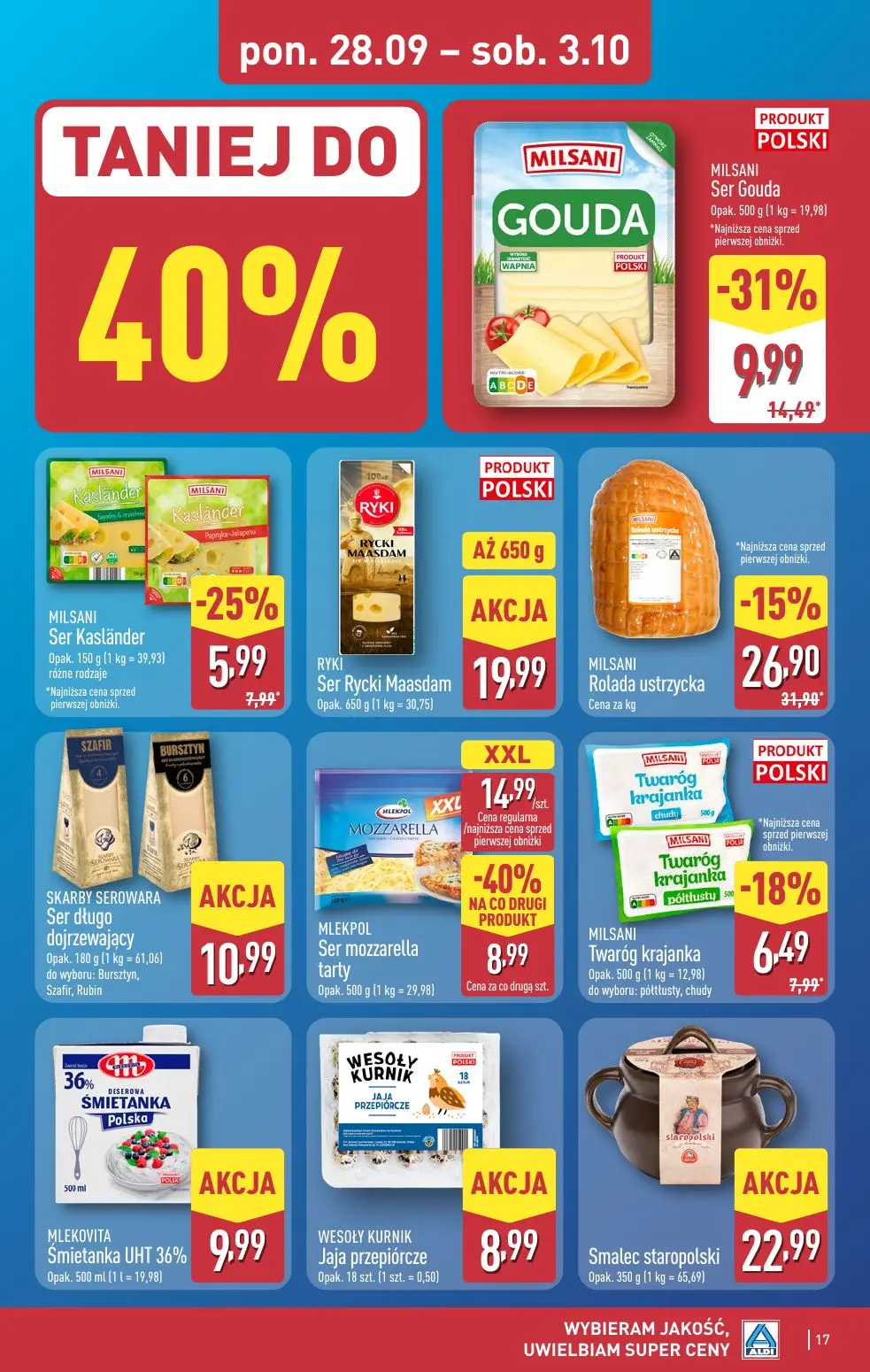 ALDI gazetka, strona 17 z 52 — MLEKPOL Ser mozzarella tarty, MILSANI Rolada ustrzycka, MILSANI Ser Gouda