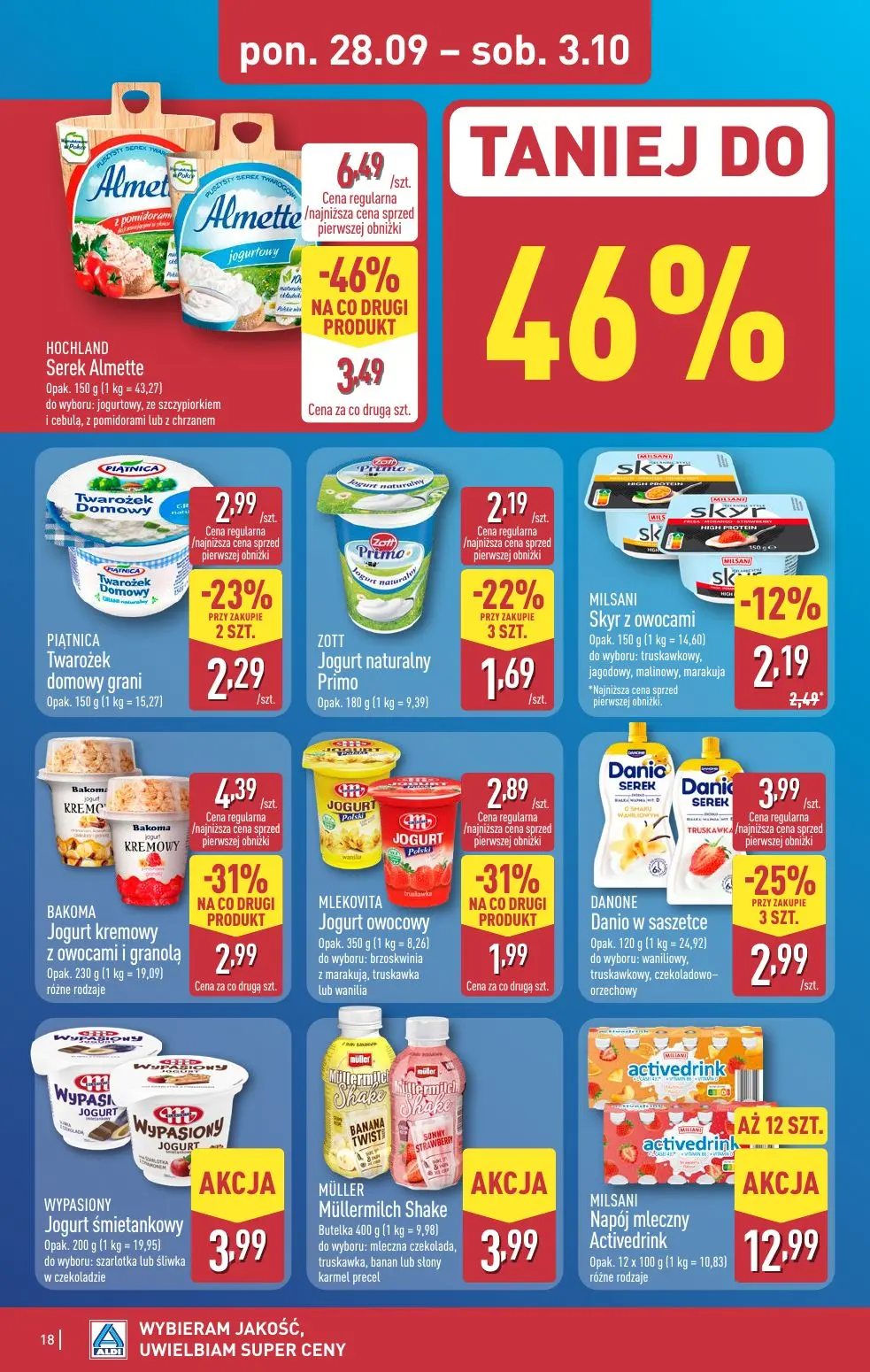 ALDI gazetka, strona 18 z 52 — HOCHLAND Serek Almette, BAKOMA Jogurt kremowy z owocami i granolą, DANONE Danio w saszetce