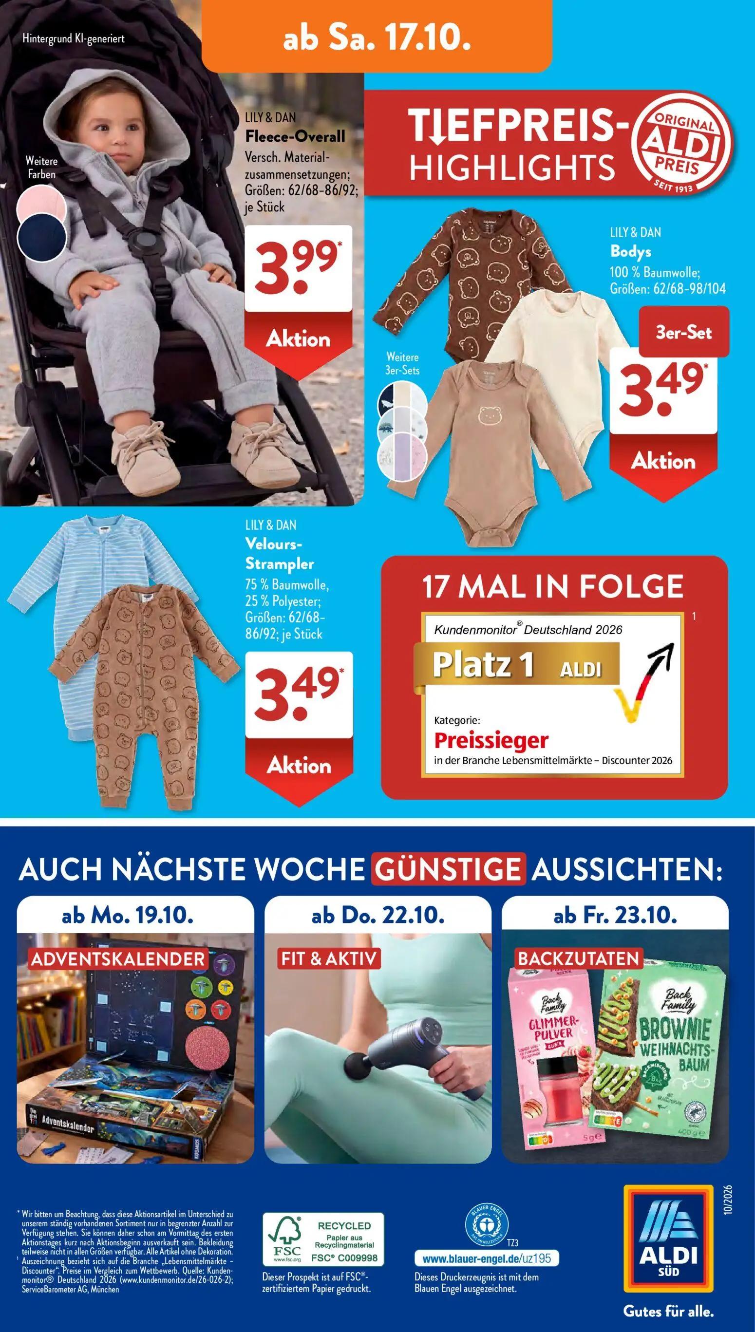 Aldi Süd Prospekt, Seite 16 von 23 — LILY & DAN Fleece-Overall, LILY & DAN Bodys, LILY & DAN Velours-Strampler