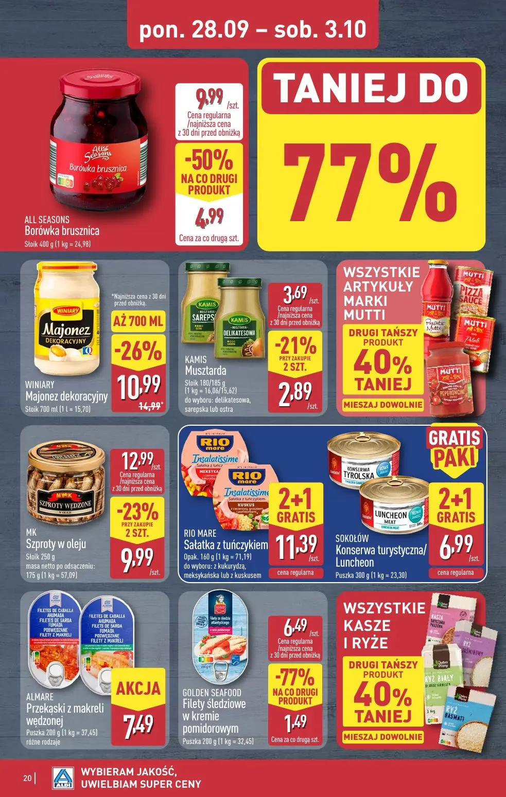 ALDI gazetka, strona 20 z 52 — ALL SEASONS Borówka brusznica, GOLDEN SEAFOOD Filety śledziowe w kremie pomidorowym, WINIARY …
