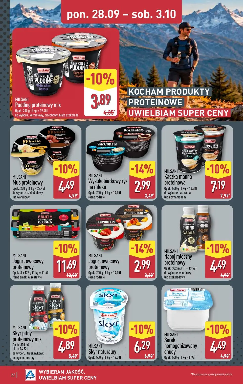 ALDI gazetka, strona 22 z 52 — MILSANI Jogurt owocowy proteinowy, MILSANI Kaszka manna proteinowa, MILSANI Skyr naturalny