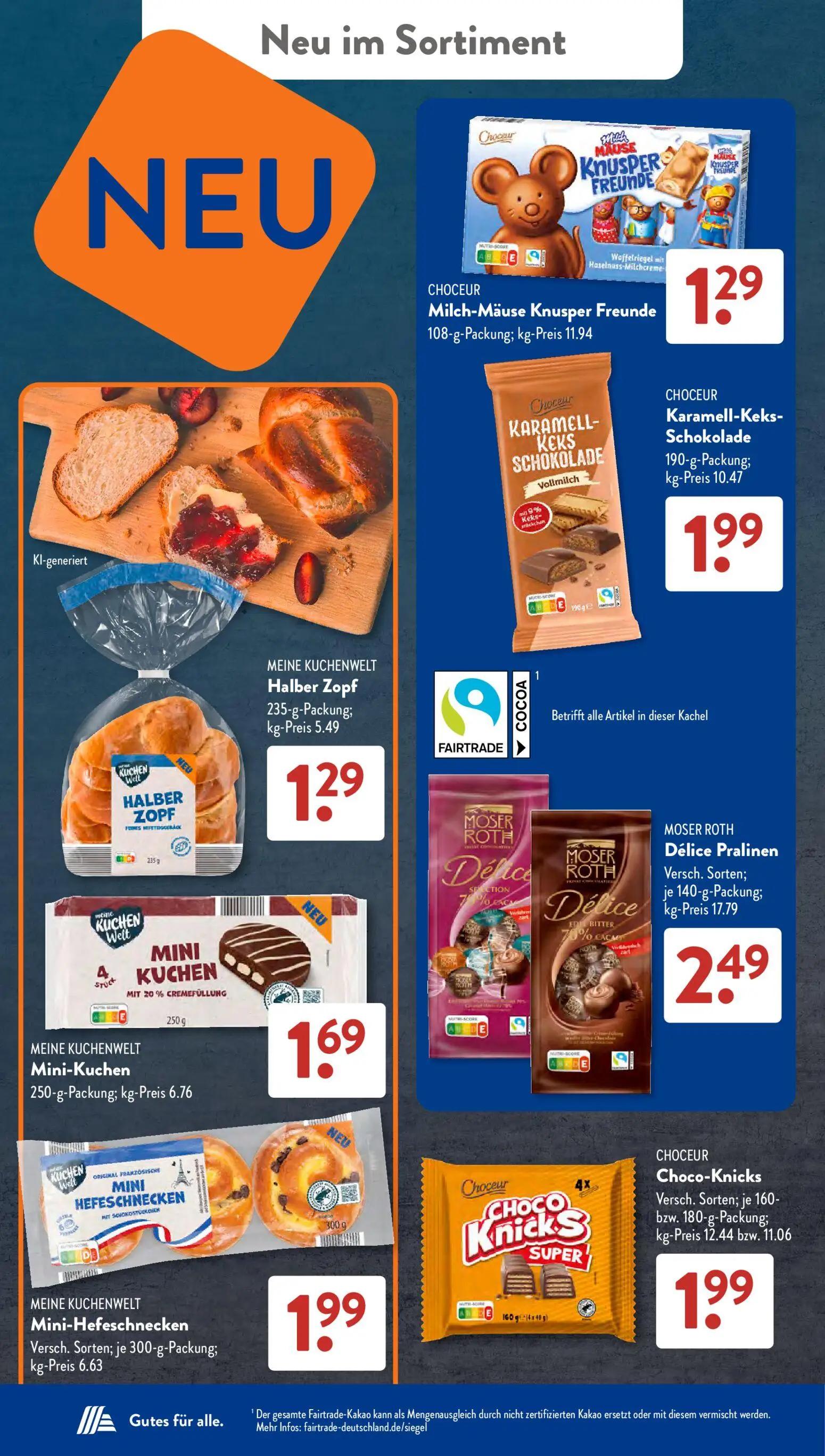 Aldi Süd Prospekt, Seite 19 von 23 — Milch-Mäuse Knusper Freunde, Karamell-Keks-Schokolade, Halber Zopf