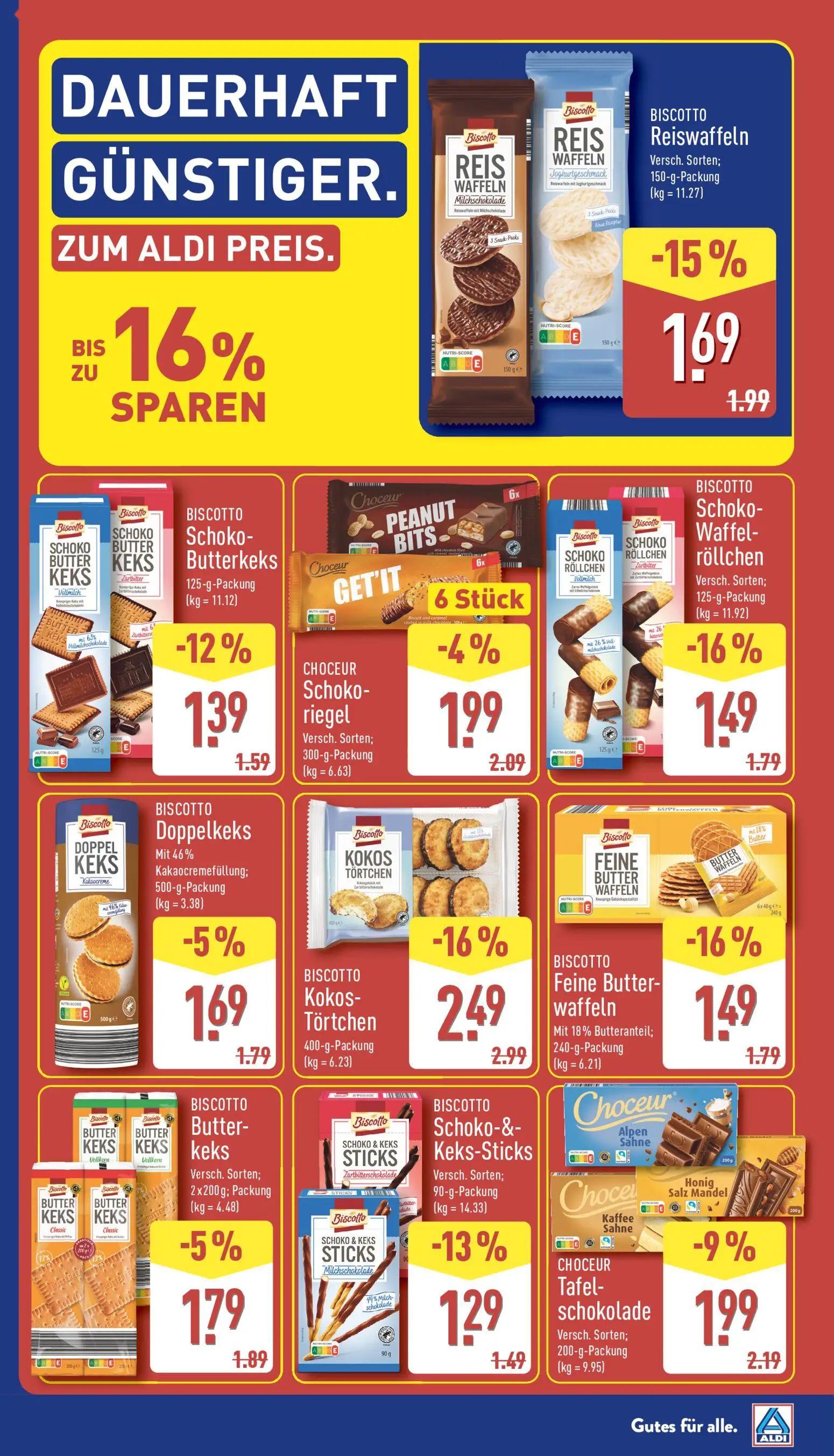 Aldi Nord Prospekt, Seite 5 von 45 — BISCOTTO Kokos-Törtchen, BISCOTTO Reiswaffeln, BISCOTTO Schoko-Waffelröllchen