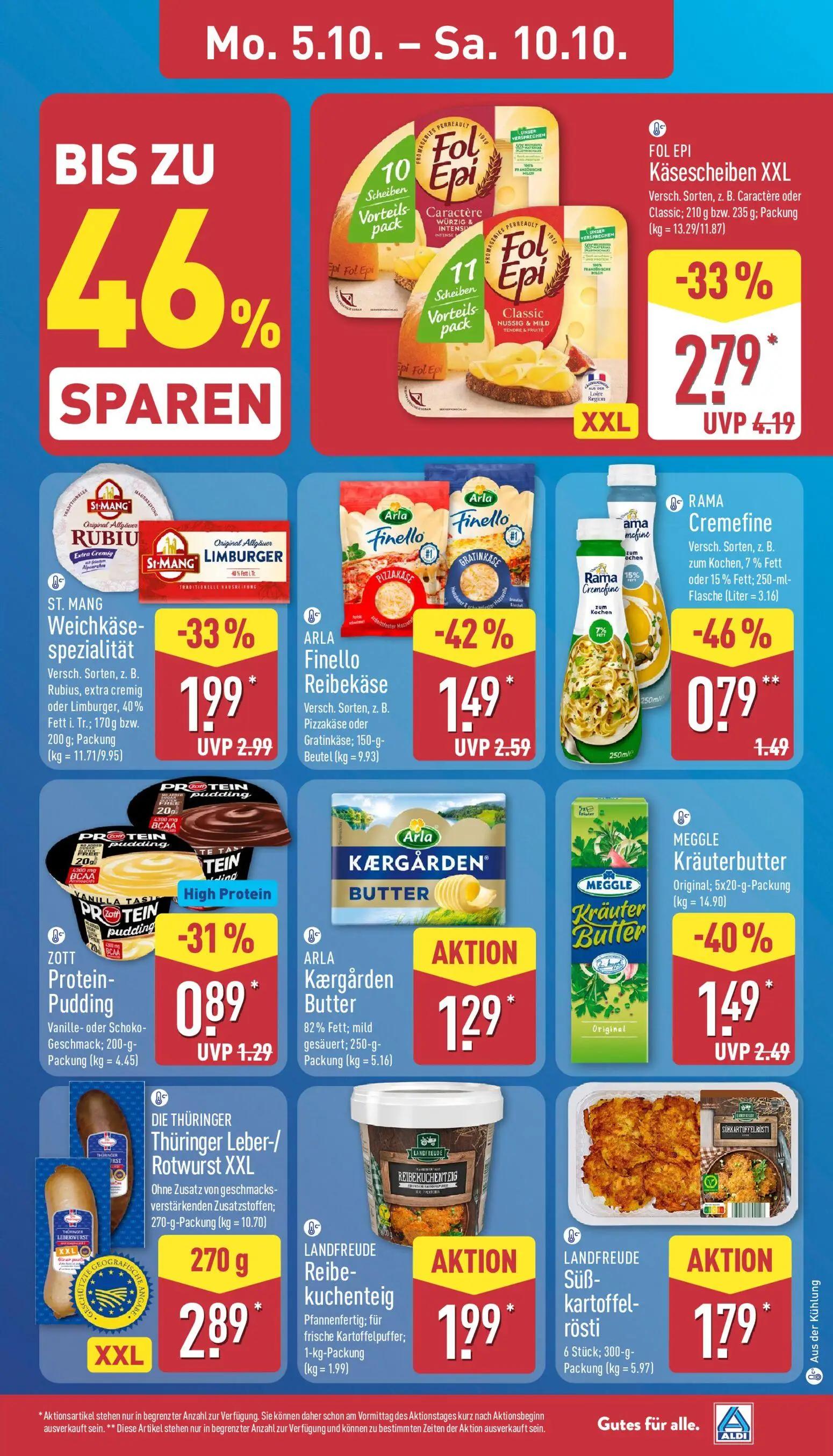 Aldi Nord Prospekt, Seite 7 von 45 — FOL EPI Käsescheiben XXL, ARLA Finello Reibekäse, ST. MANG Weichkäse-spezialität
