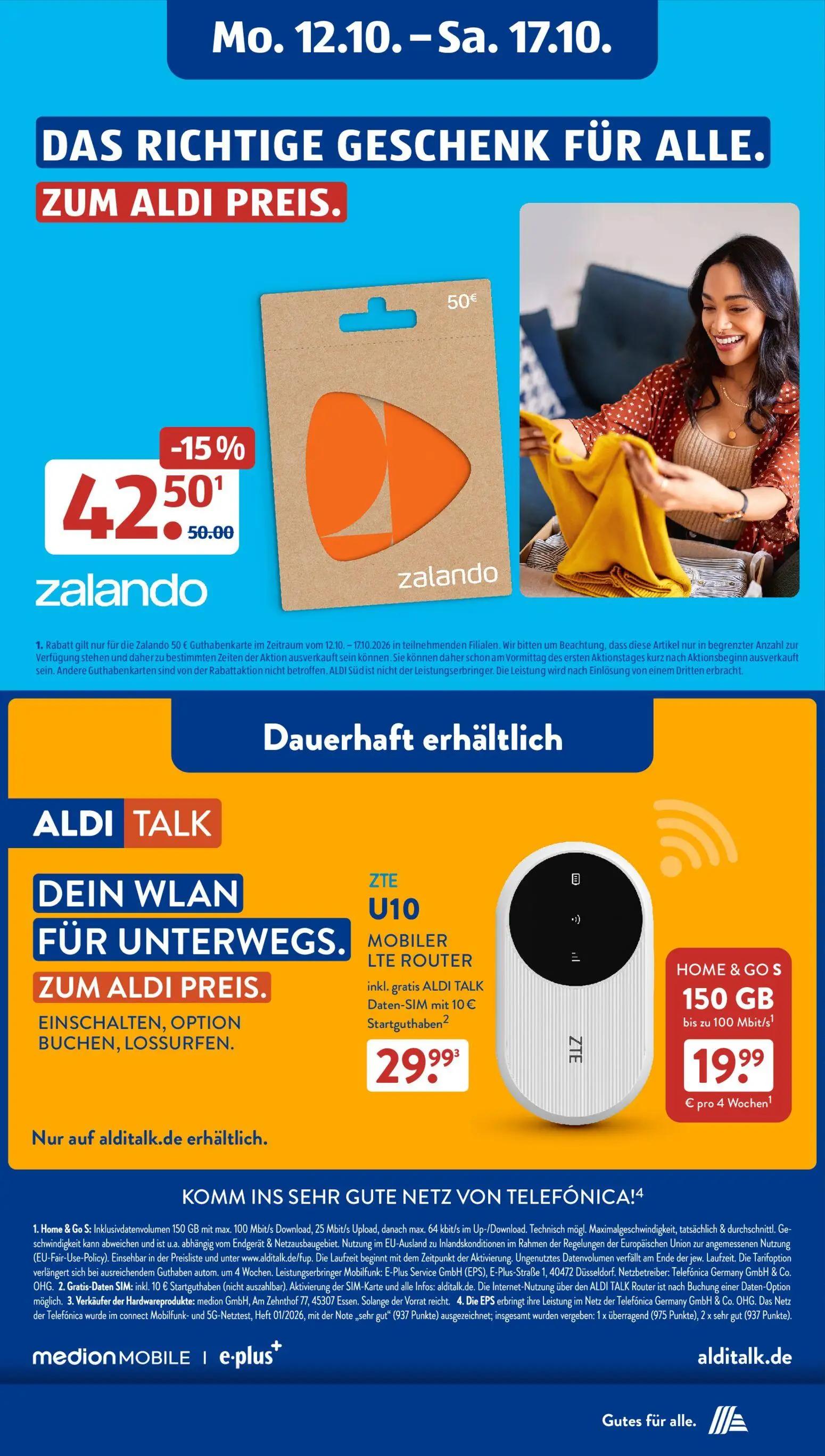 Aldi Süd Prospekt, Seite 22 von 23 — Zalando Gutscheinkarte, ZTE U10 Mobiler LTE Router, Home & Go S