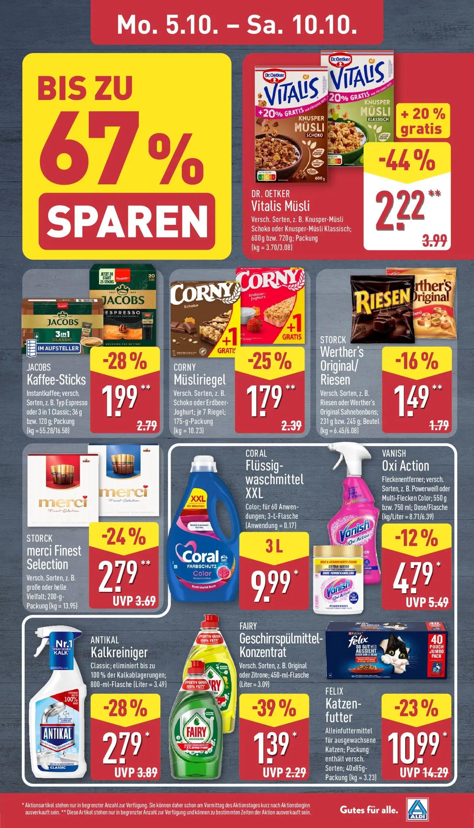 Aldi Nord Prospekt, Seite 9 von 45 — FELIX Katzenfutter, Vitalis Müsli, ANTIKAL Kalkreiniger