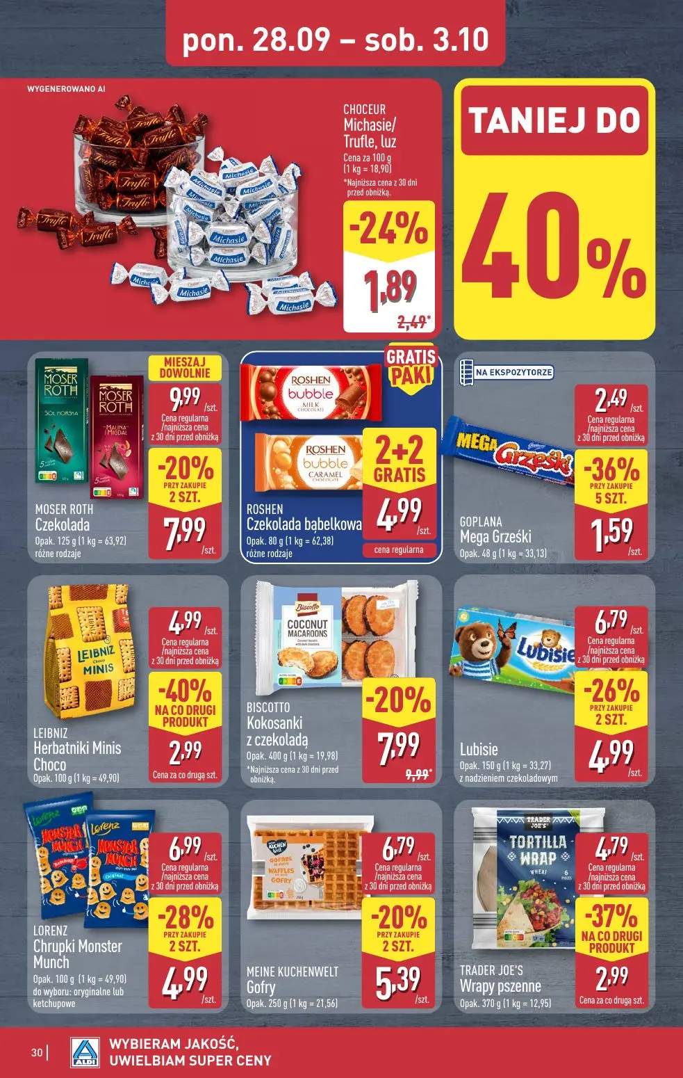 ALDI gazetka, strona 30 z 52 — MOSER ROTH Czekolada, BISCOTTO Kokosanki z czekoladą, LEIBNIZ Herbatniki Minis Choco