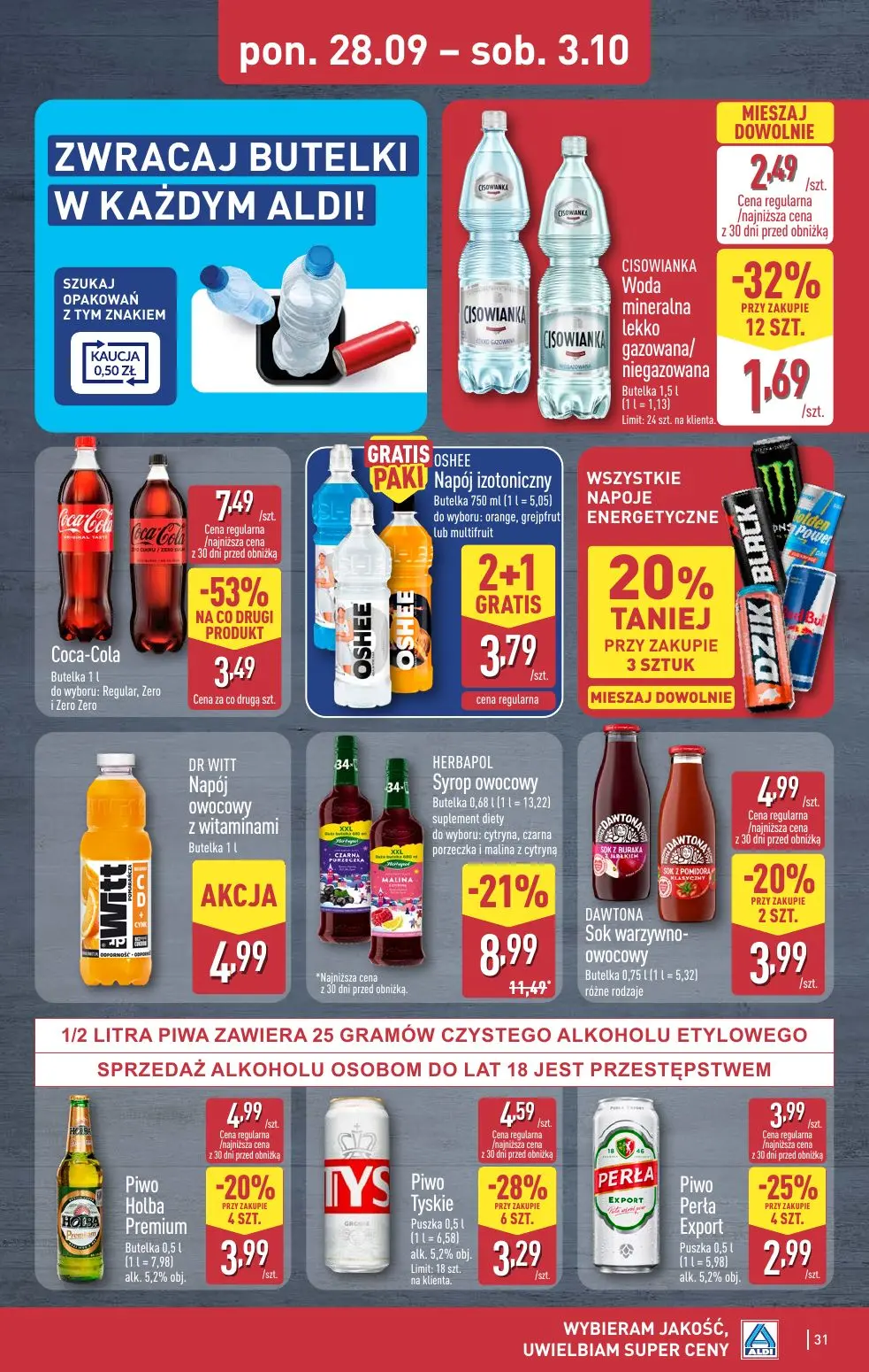 ALDI gazetka, strona 31 z 52 — Coca-Cola, HERBAPOL Syrop owocowy suplement diety, Piwo Tyskie