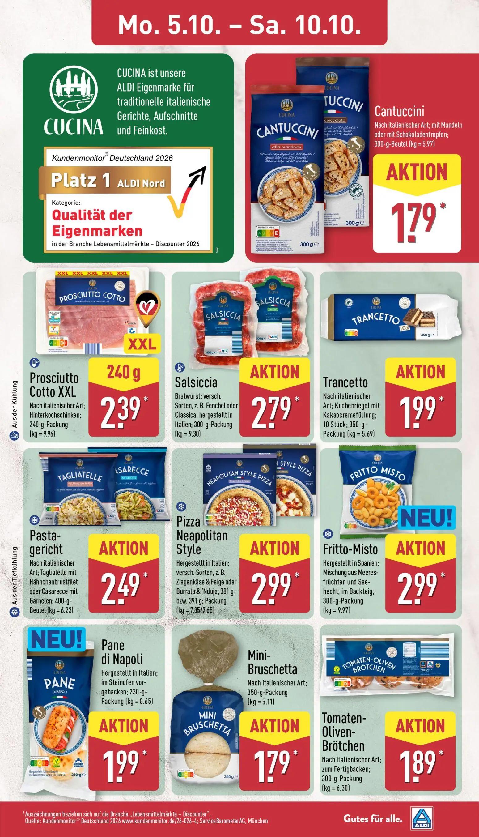Aldi Nord Prospekt, Seite 13 von 45 — Cantuccini, Prosciutto Cotto XXL, Salsiccia