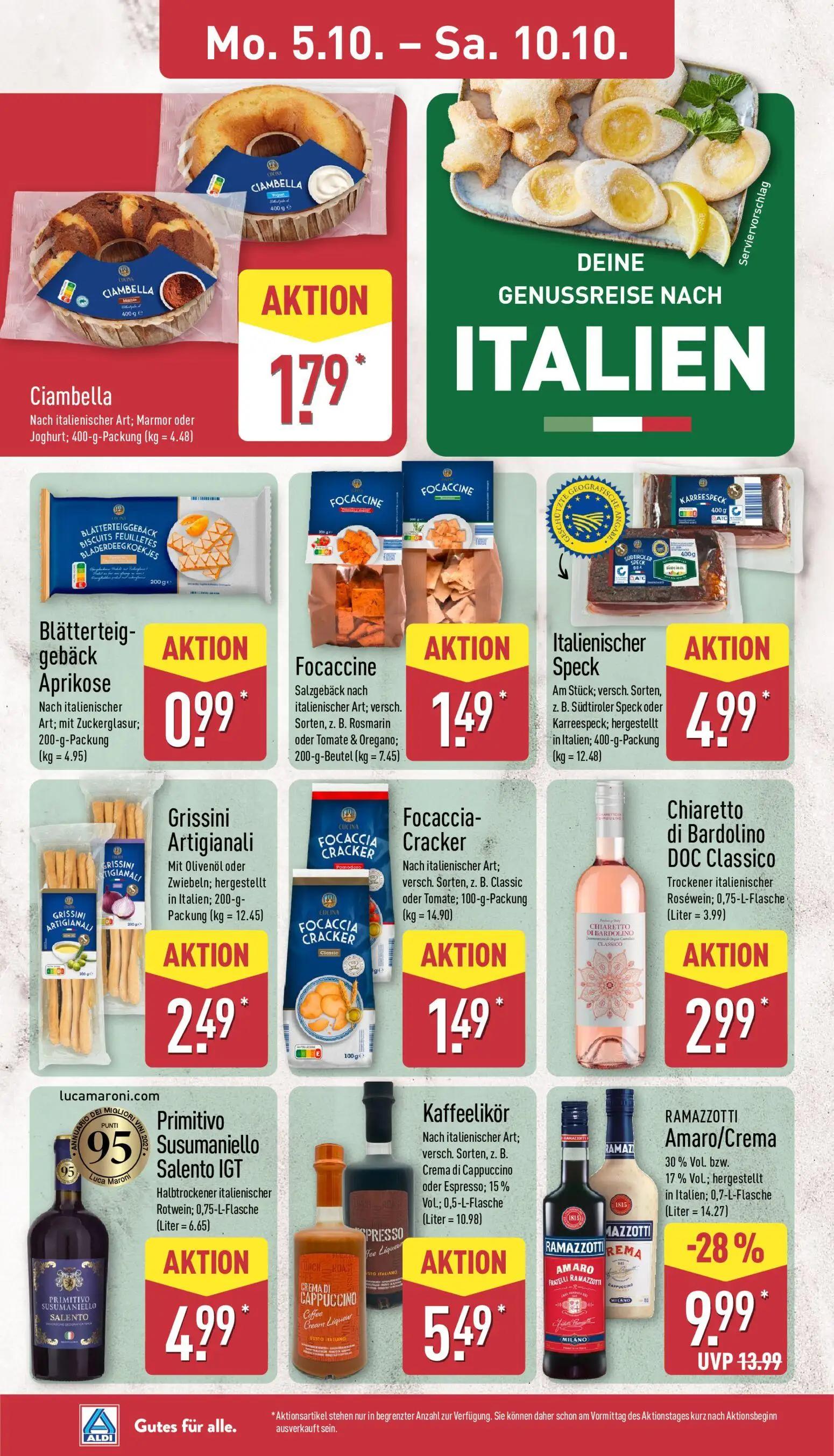 Aldi Nord Prospekt, Seite 14 von 45 — RAMAZZOTTI Amaro/Crema 30% Vol. bzw. 17% Vol; hergestellt in Italien, Ciambella Nach i…