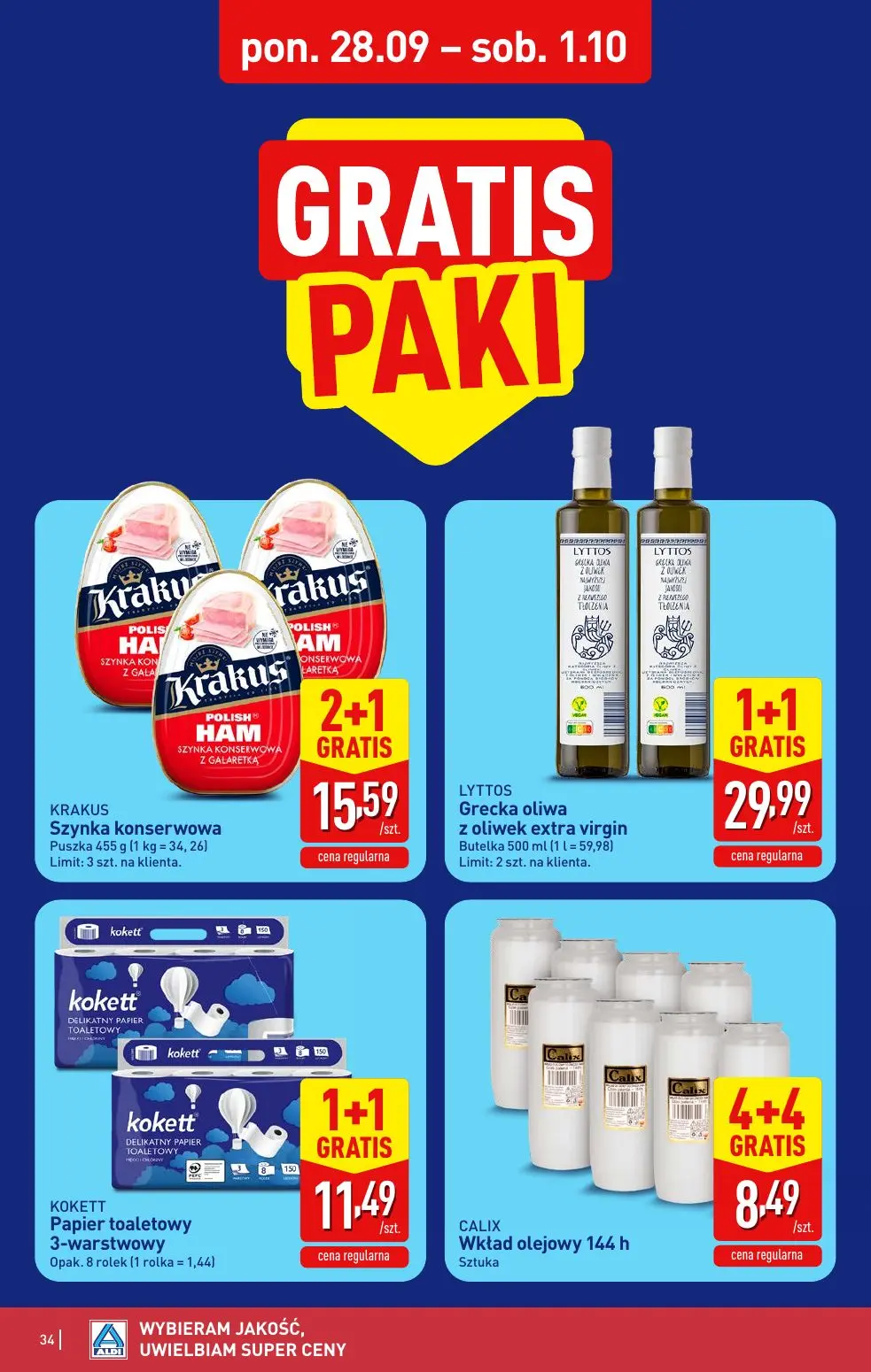 ALDI gazetka, strona 34 z 52 — KRAKUS Szynka konserwowa, LYTTOS Grecka oliwa z oliwek extra virgin, KOKETT Papier toaletowy …